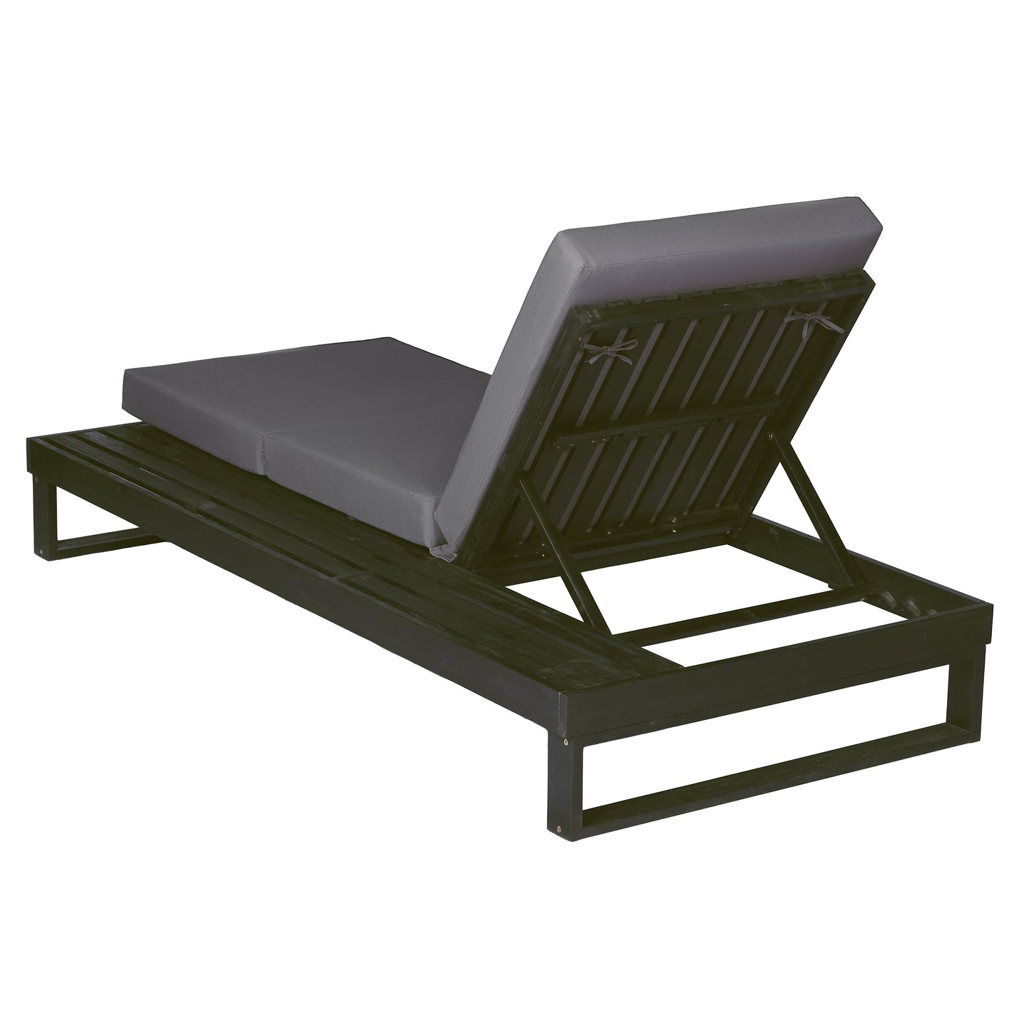 Black Acacia Wood Chaise Lounge with 4-Inch Dark Grey 3-Fold Cushion Set, 4-Position Adjustable Outdoor Patio Lounger with Flat Side Surface, for Poolside- Matching cream version available