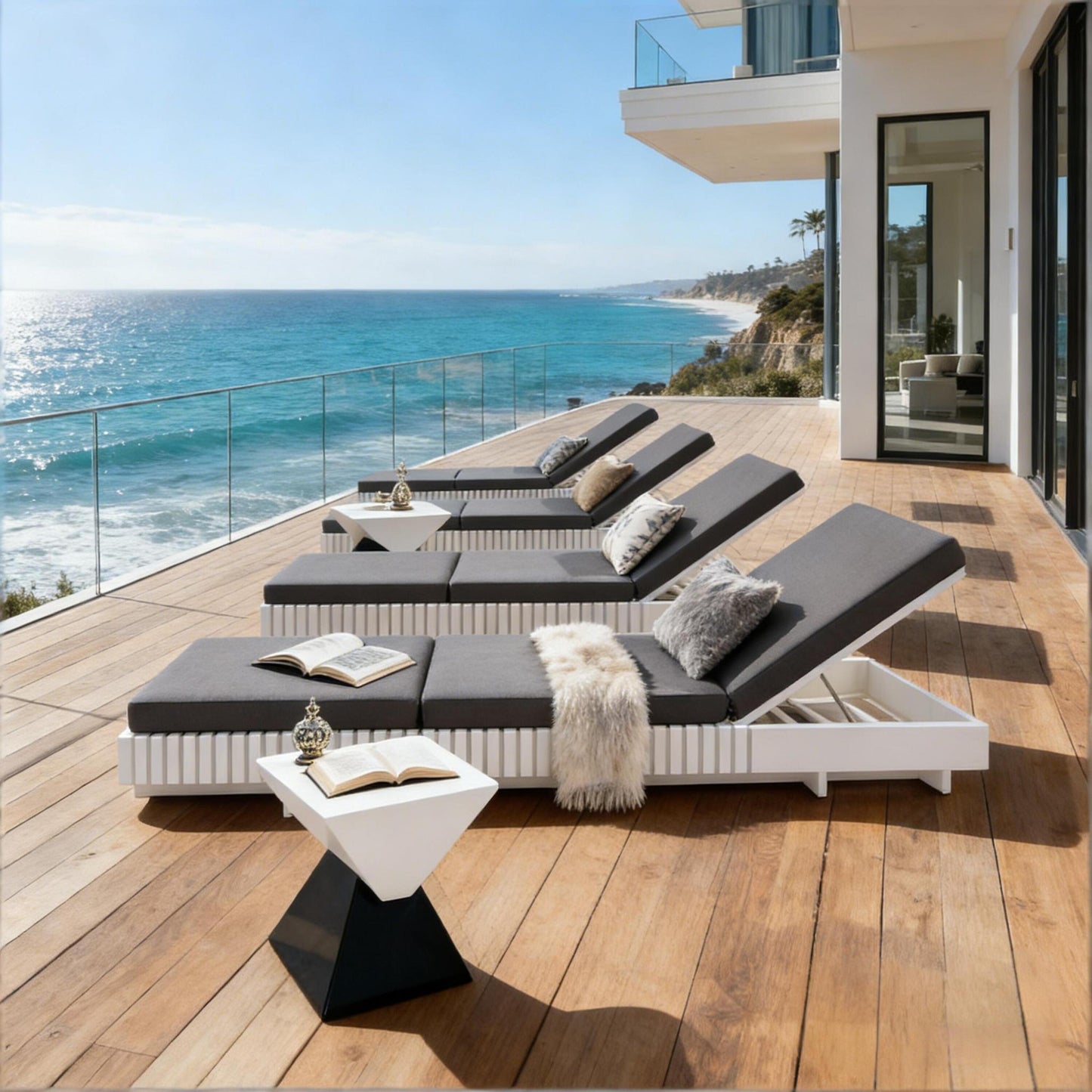 White Acacia Solid Wood Outdoor Chaise Lounge with  Dark Grey 3-Fold Water-Repellent Cushion, 400lbs Capacity,  Modern Patio Sun Lounger for Garden, Poolside