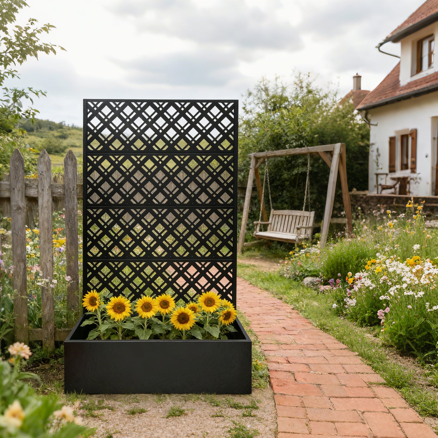 Metal Planter Raised Garden Bed with Trellis 70.9in H x 43.3in W x 15.8in D - Garden Box for Climbing Plants Flowers Vegetable with Drainage Holes, Rhombus Black