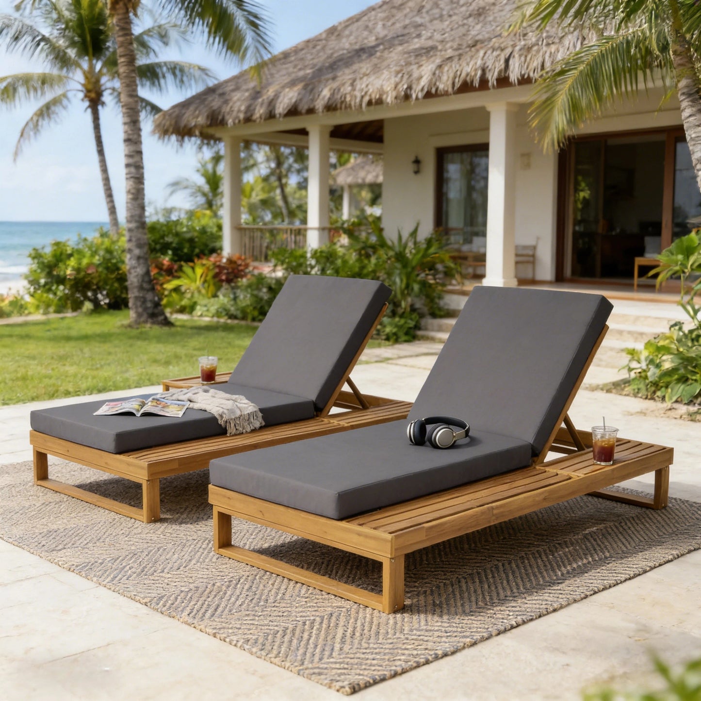 Teak Finish Acacia Wood Chaise Lounge with 4-Inch Dark Grey 2-Fold Cushion Set, 4-Position Adjustable Outdoor Patio Lounger with Flat Side Surface, for Poolside - Matching cream version available