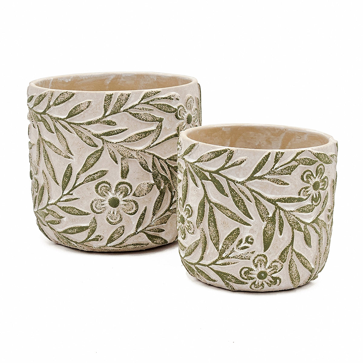 S/2 Gray Sand and Cement Planters with Etched Green Floral Motif, L:D6.7x6.3" S:D5.5x5"