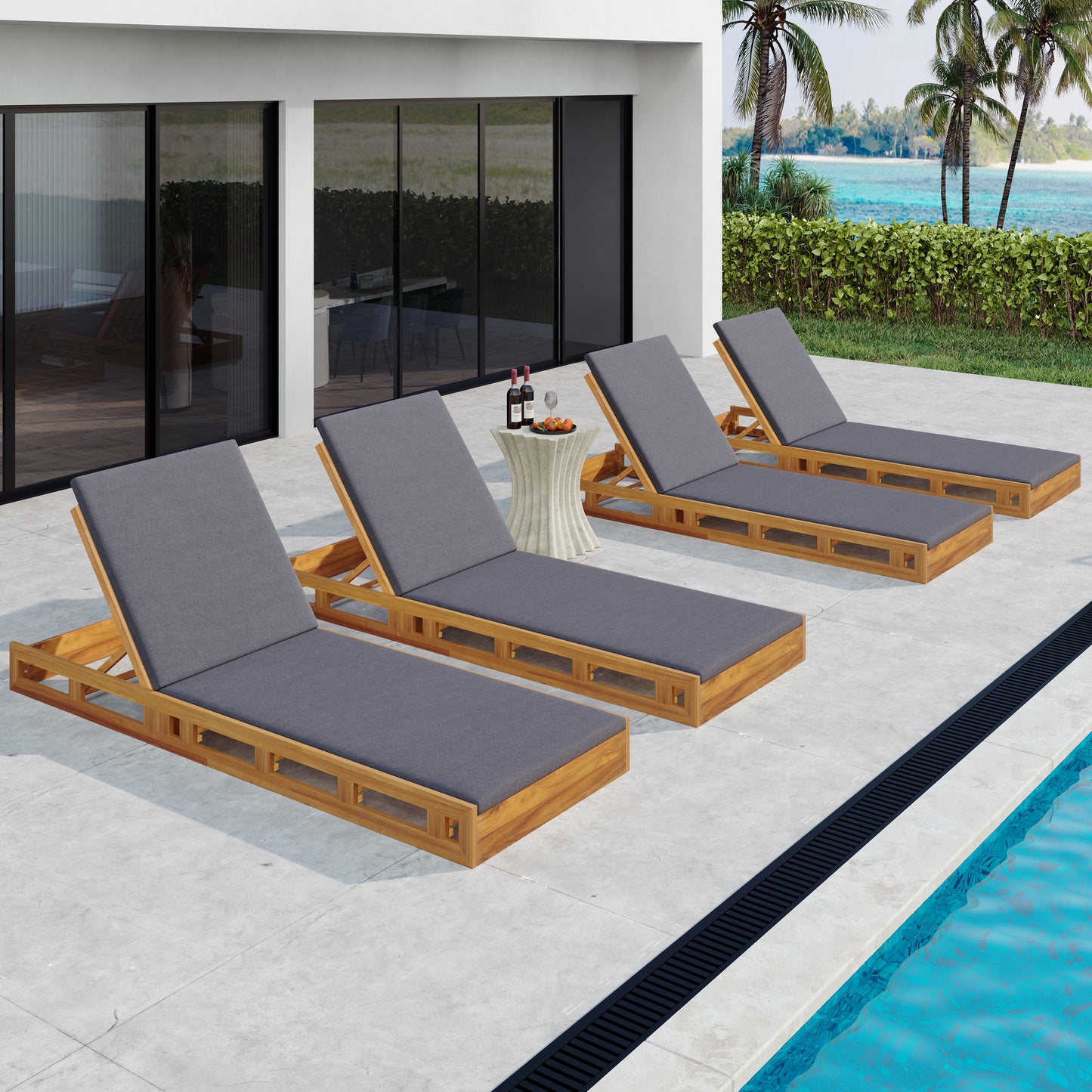 LOUNGE CHAISE SET,ACACIA WOOD WITH WATER-RESISTANT LOUNGE CUSHIONS (Dark Grey/ & 2 INCH THICK) - MATCHING CREAM/LEAF COCONUT VERSION AVAILABLE