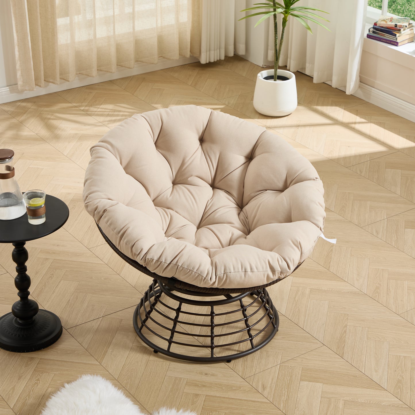 Comfortable Ergonomic Wicker Papasan Chair, 360° Swivel Indoor Outdoor Rattan Chair with Soft Thick Cushion, Ideal for Living Room, Bedroom, Reading Room, Brown Frame with Beige Cushion
