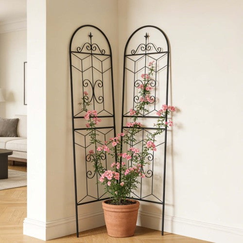 71 in. Black Iron Garden Trellis Outdoor Climbing Plant/Flower Support (2-Pack) Simple Arc Design