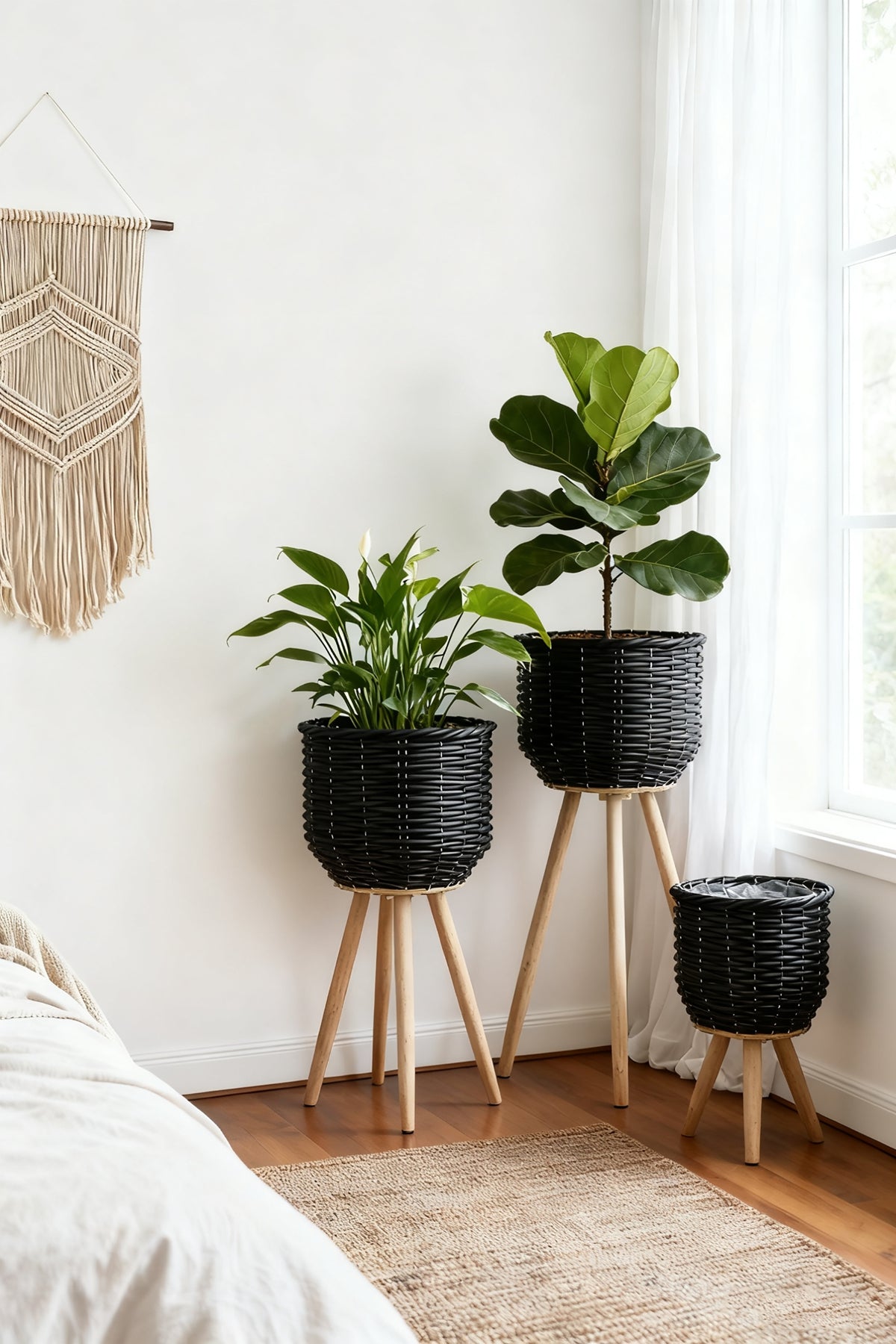 Set of 3 Black Poly Rattan Baskets with Rope Texture and Tapered Wooden Legs, L:12x12x23.5" M:10x10x17.5" S:8x8x13.5"