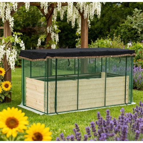 Beige Galvanized Steel Raised Garden Bed with Crop Cage Plant Protection Net and Shade Cloth, Planter Box with Cover