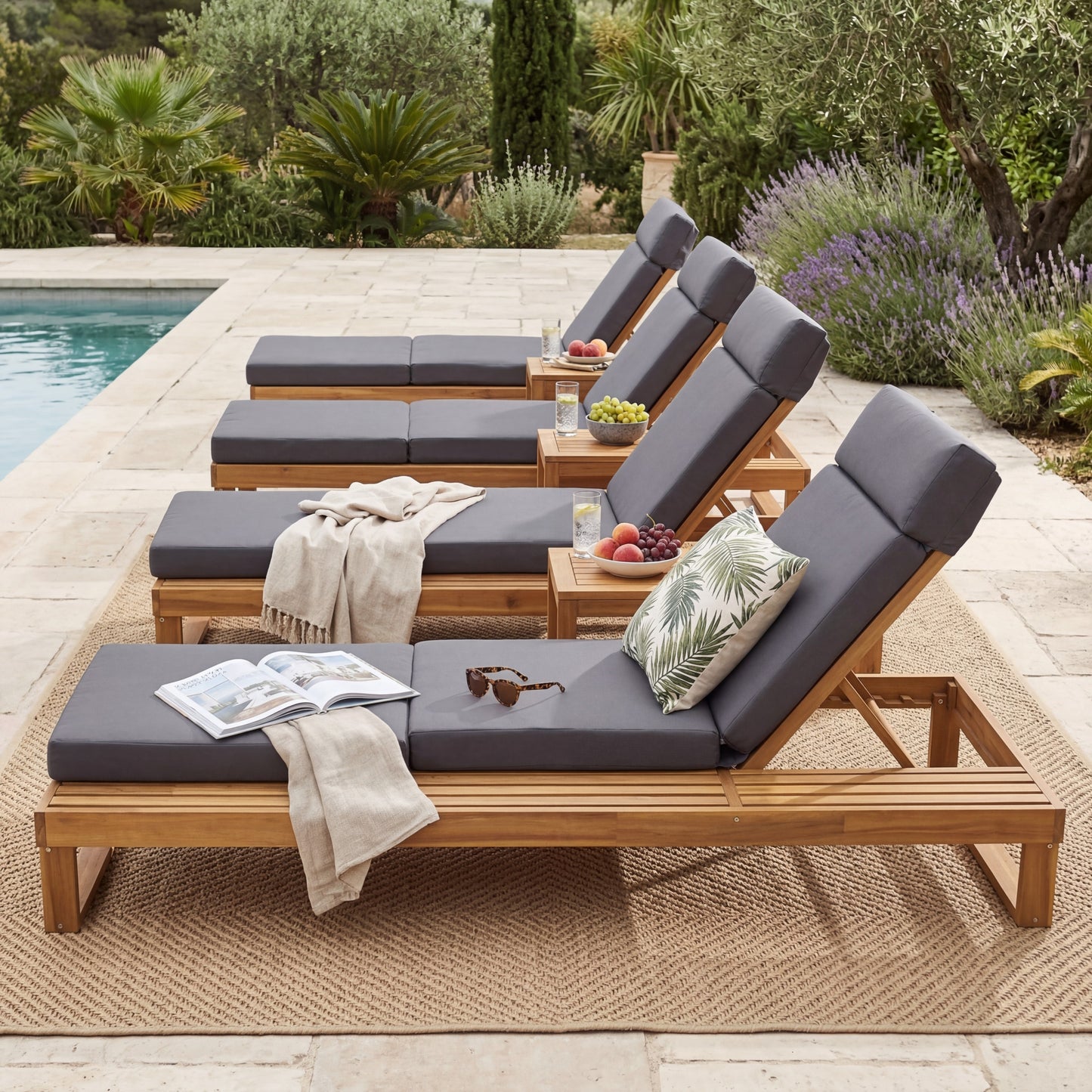 Teak Finish Acacia Wood Chaise Lounge with 4-Inch Dark Gray 4-Fold Cushion Set, Adjustable Outdoor Patio Lounger with Flat Side Surface, for Poolside- Matching cream,beige version available