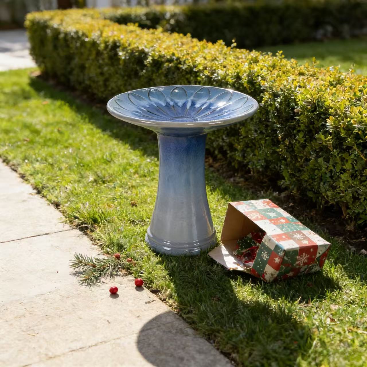 17'' Ceramic Bird Bath for Outside, Elegant Tall Outdoor Bird Bath, Lightweight Pedestal Glazed Birdbaths for Outdoors with floral Pattern, Blue Ombre