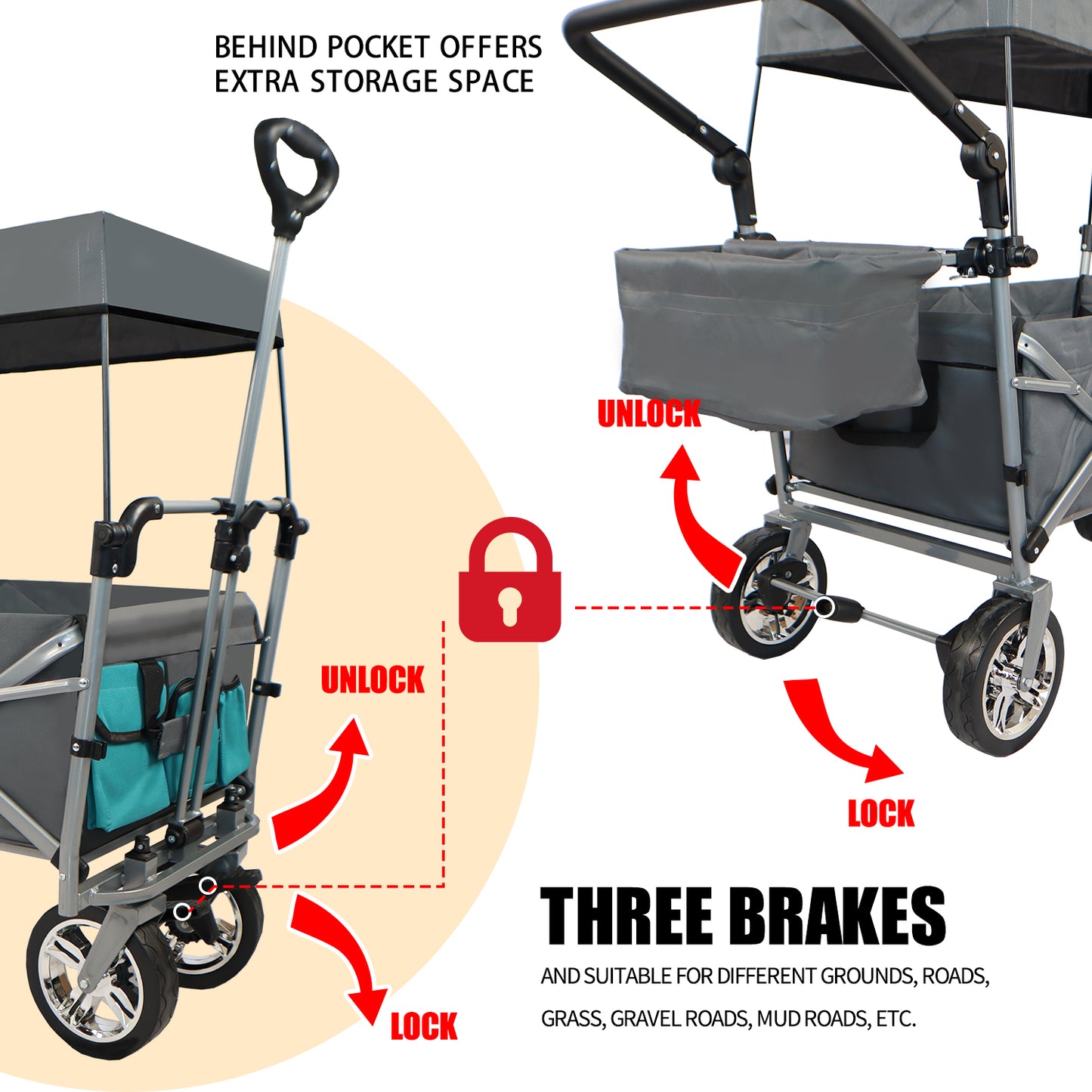 Push & Pull Utility Folding Wagon with Removable Canopy, gray