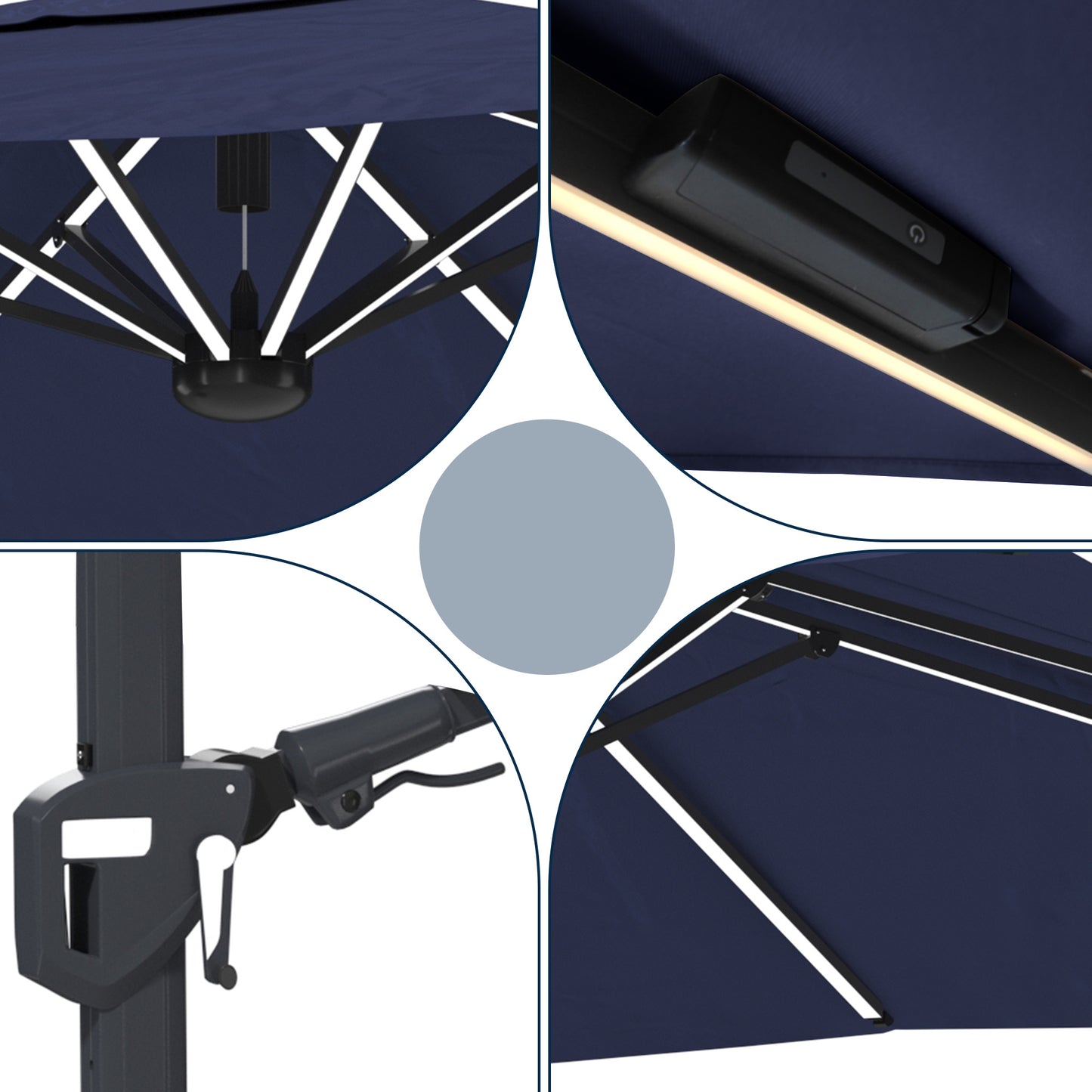 11FT Square Cantilever Patio Umbrella with LED Light in Navy Blue(without Umbrella Base)