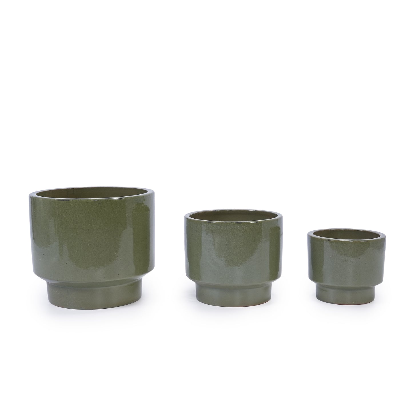 Handmade Solid Glaze Ceramic Planter Set of 3, 15/12/9 Inch Diameter, for Succulents & Flowers Outdoor Garden & Indoor Staircase Use, Breathable Porous Clay, Earthy Green