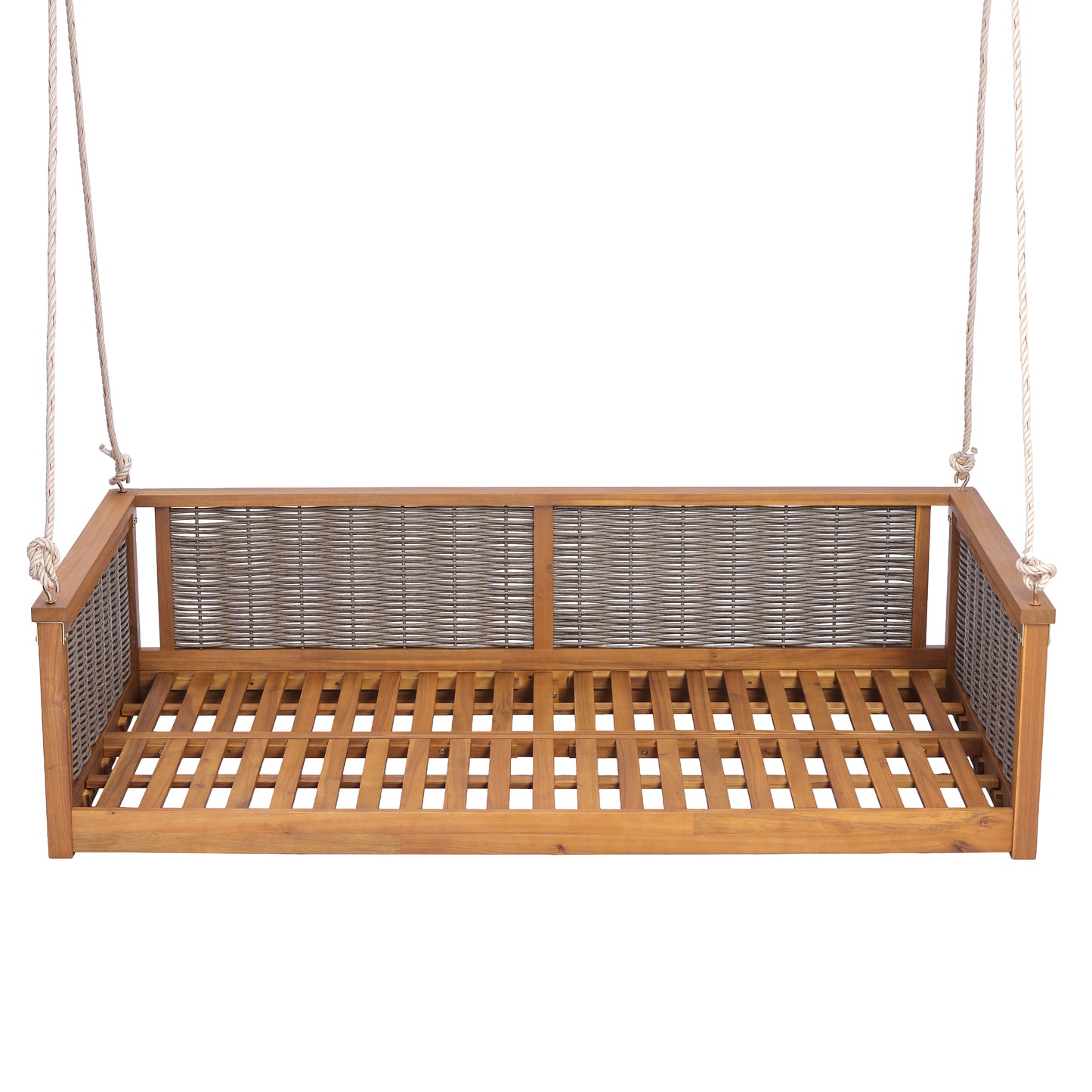 TOPMAX Outdoor Classic Solid Wood Twin Size Swing Bed,Garden Porch Rattan Swing Frame with Long Ropes for Poolside, Backyard,TEAK