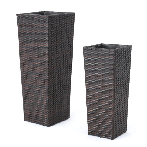 2-Piece Rattan Flower Pot Set-Brown Polyethylene Wicker with Metal Frame, Indoor/Outdoor Planters