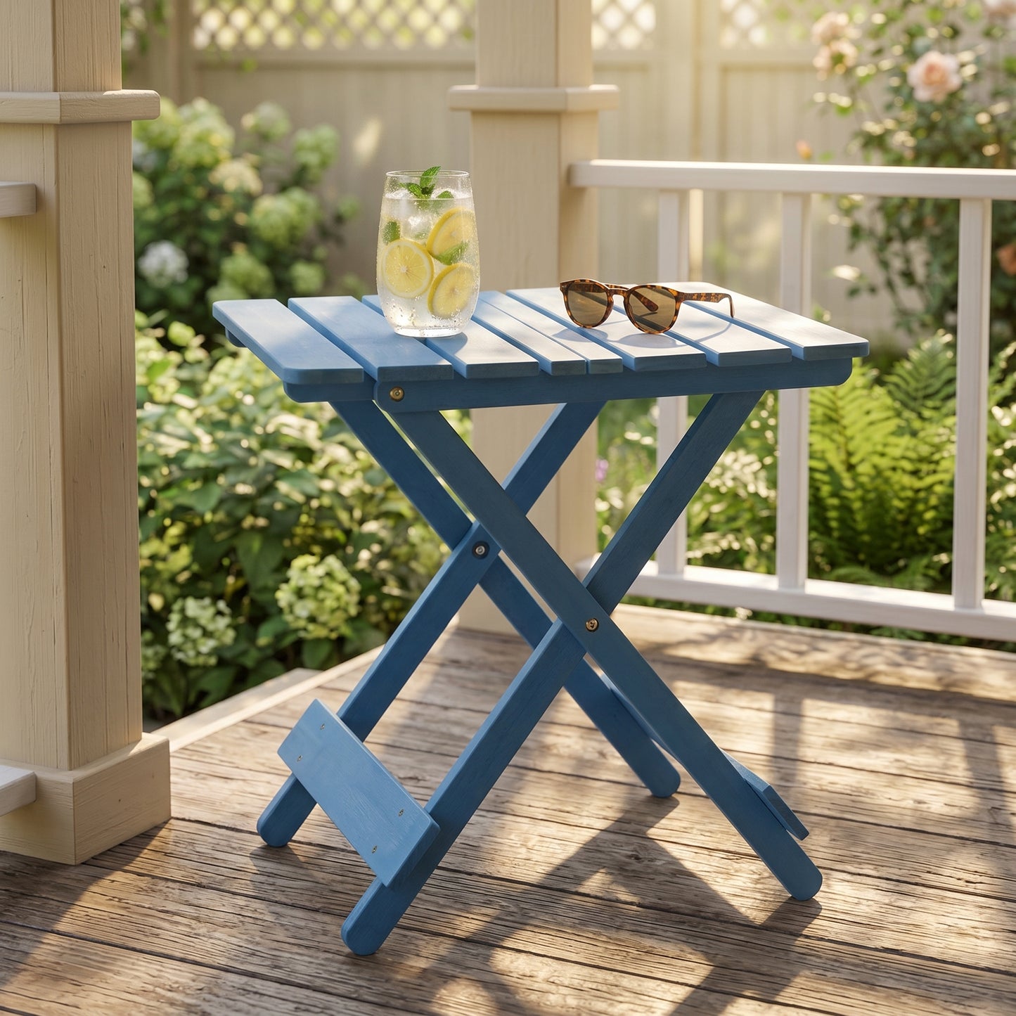 Folding Square Table Patio Outdoor solid wood Table for Backyard, Balcony, Portable Design Space-Saving Blue Color