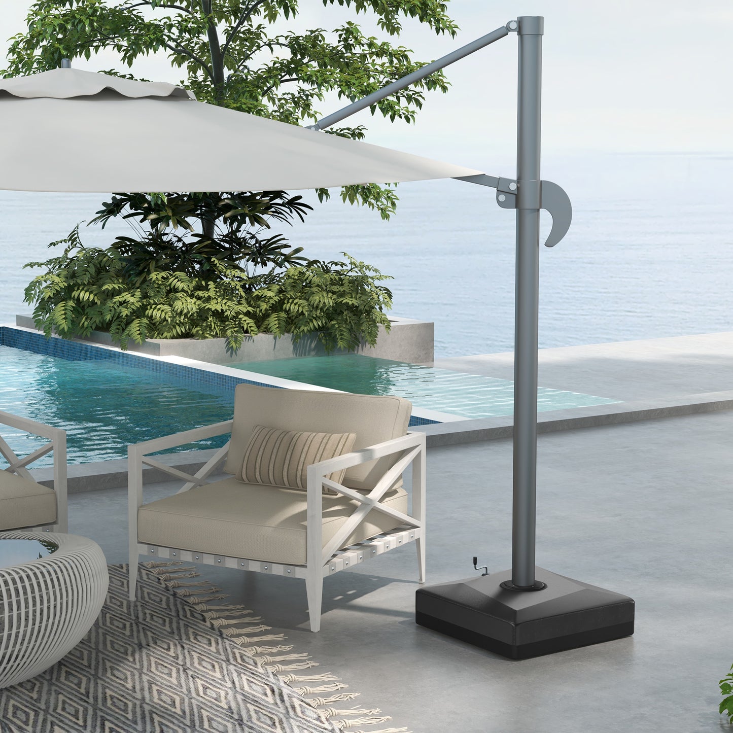 Outsunny 330 lbs. Fillable Umbrella Base for 84D-110V02 Model Umbrella, Heavy Duty Cantilever Umbrella Stand with Lift Wheel, Adjustable Foot Pads, and Cross Base, Black