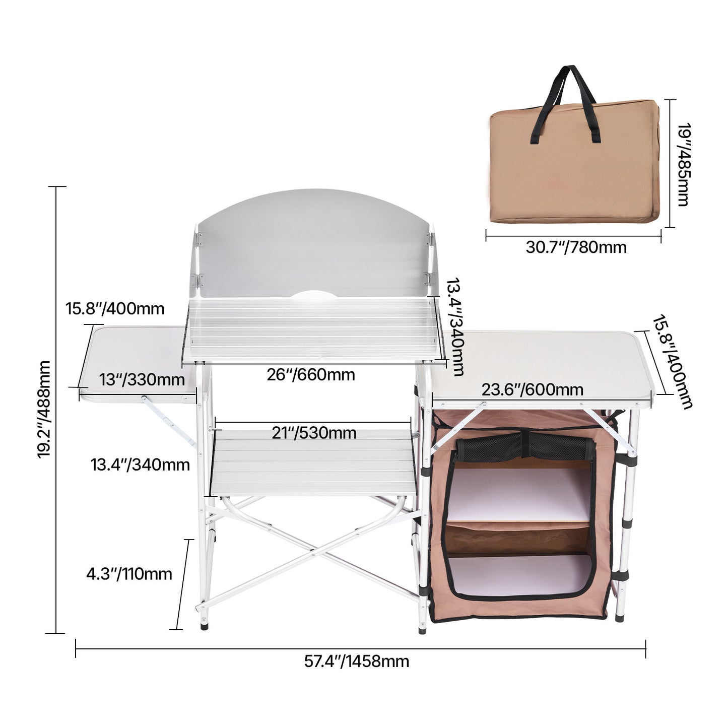 Camping Kitchen Table Picnic Cabinet Folding Cooking Storage Rack Portable Brown