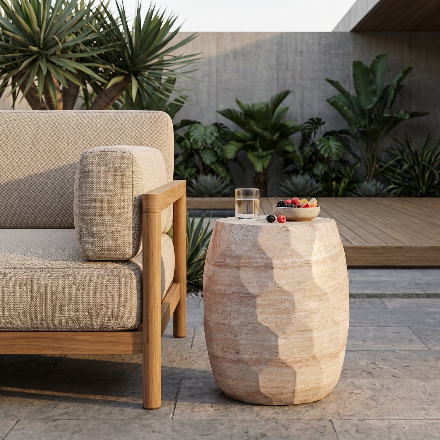 Outdoor/Indoor Lightweight Concrete Side Table,Travertine Finish