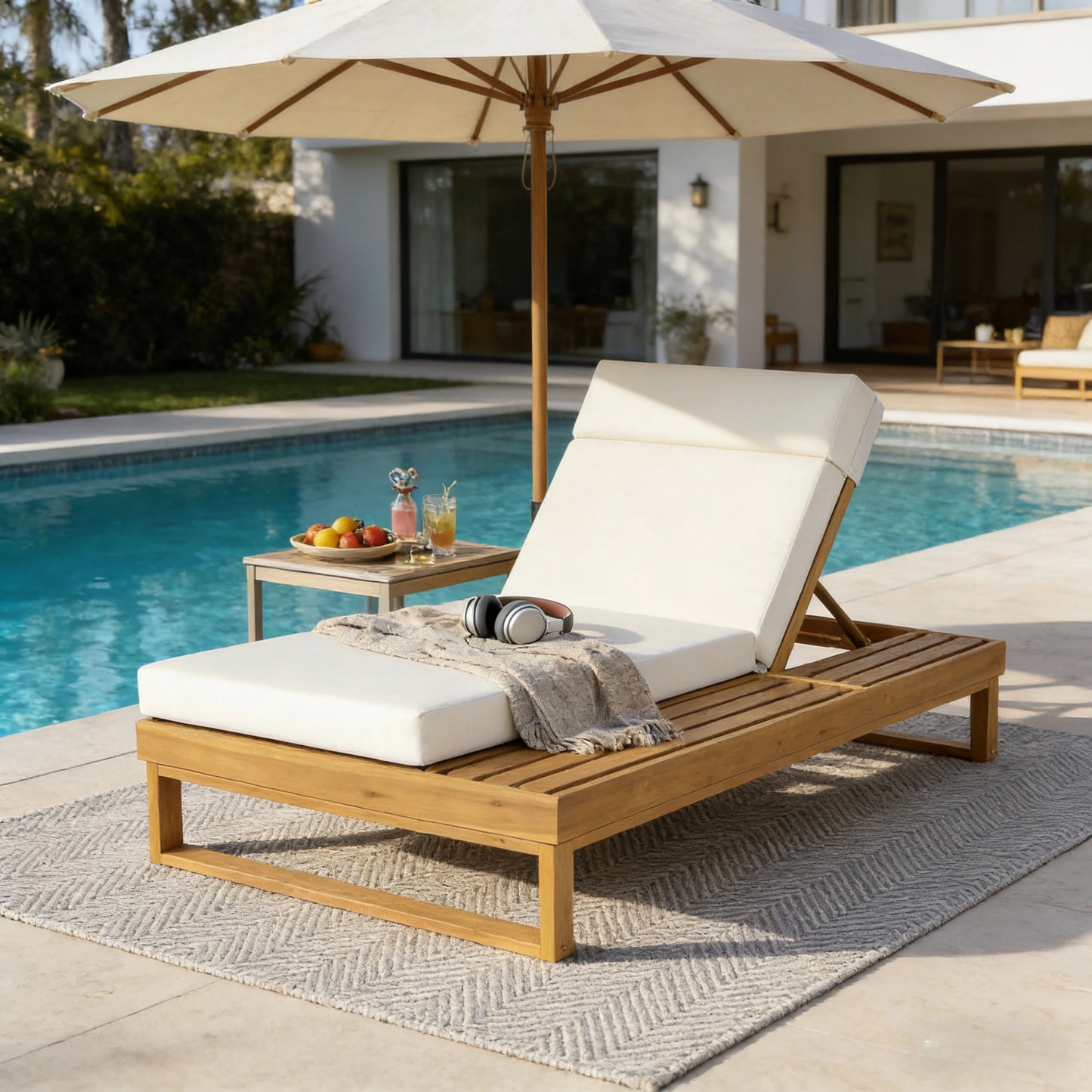 Teak Finish Acacia Wood Chaise Lounge with 4-Inch Beige 4-Fold Cushion Set, Adjustable Outdoor Patio Lounger with Flat Side Surface, for Poolside- Matching cream,dark gray version available
