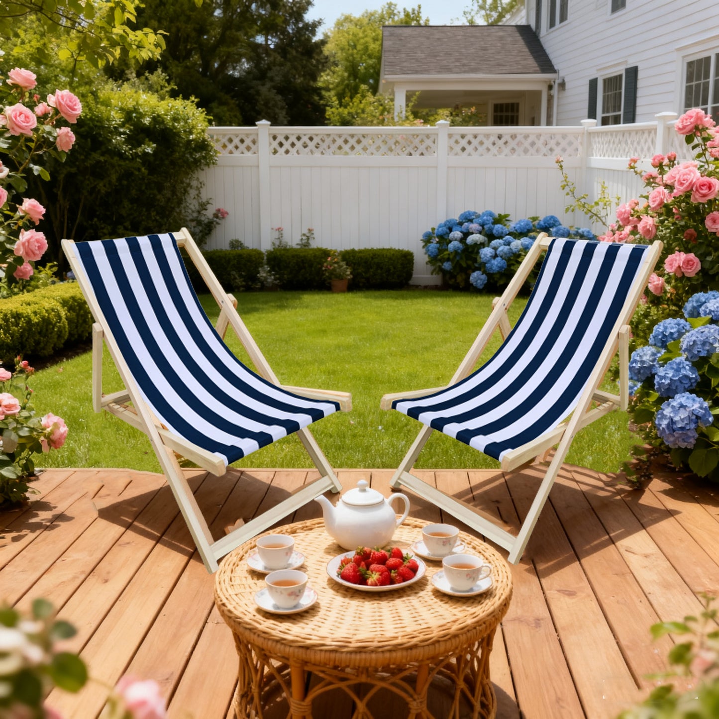 populus wood sling chair blue Stripe Broad blue Stripe (color: Dark blue) folding chaise lounge chair-2PCS