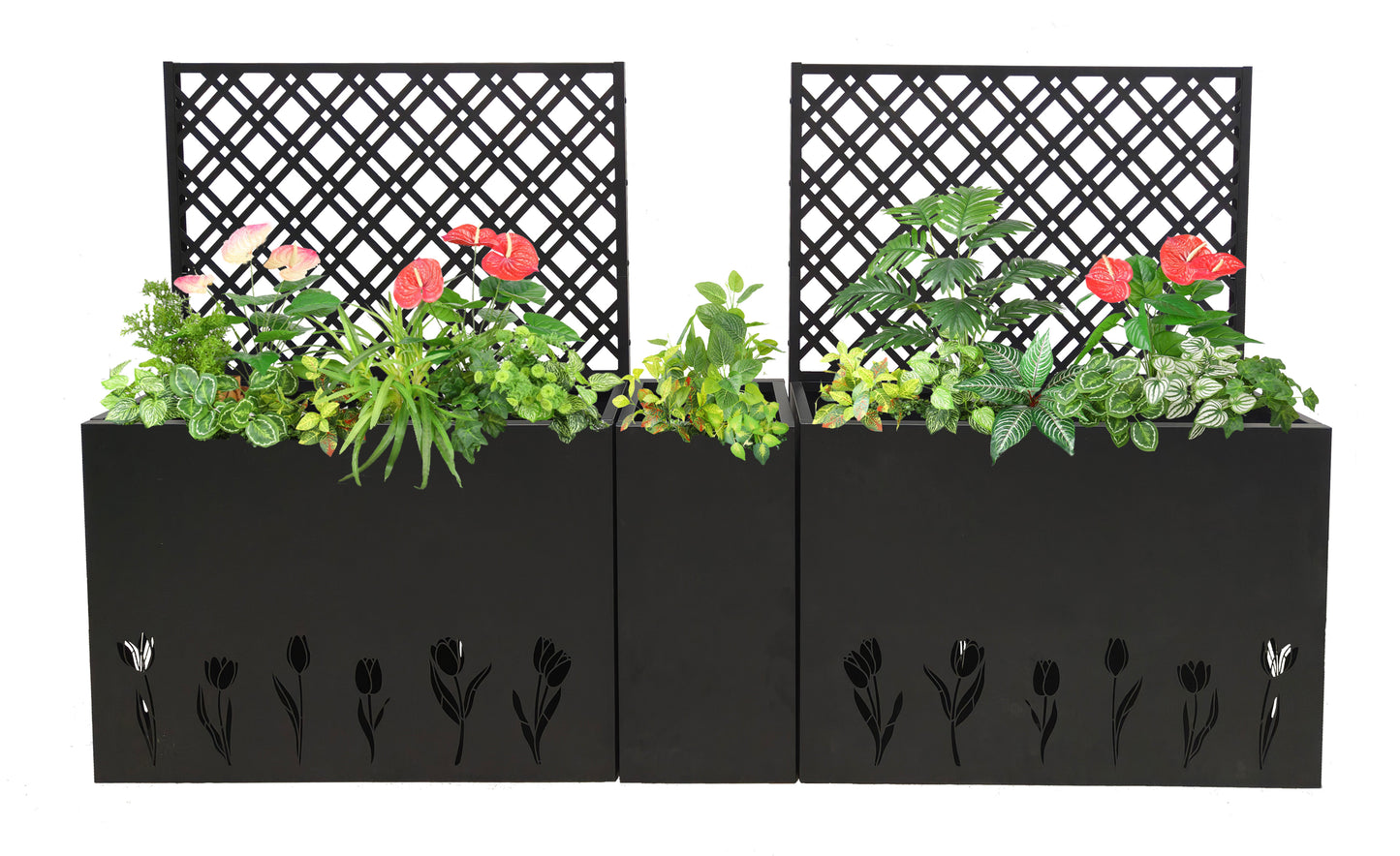 Metal Planter-Trellis Combo (Set of 3) - Raised Garden Bed, Flower Trellis & Privacy Screen for Patio, Balcony, Garden, Rust-Resistant Planter Box with Drainage Holes, 23.6in Depth Planting Bed, Tulip