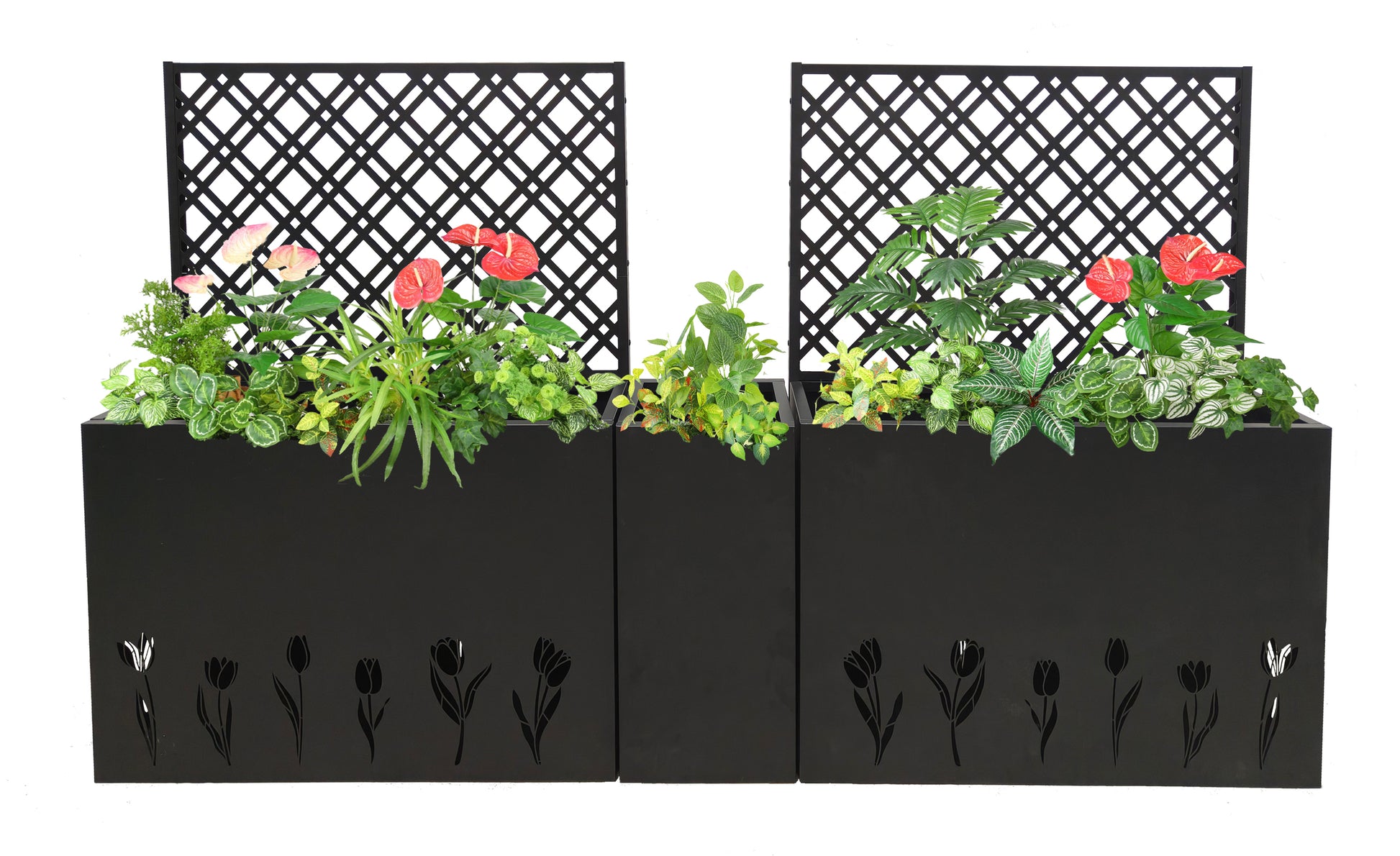 Metal Planter-Trellis Combo (Set of 3) - Raised Garden Bed, Flower Trellis & Privacy Screen for Patio, Balcony, Garden, Rust-Resistant Planter Box with Drainage Holes, 23.6in Depth Planting Bed, Tulip