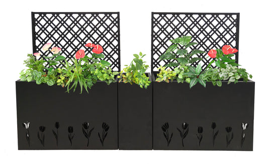 Metal Planter-Trellis Combo (Set of 3) - Raised Garden Bed, Flower Trellis & Privacy Screen for Patio, Balcony, Garden, Rust-Resistant Planter Box with Drainage Holes, 23.6in Depth Planting Bed, Tulip