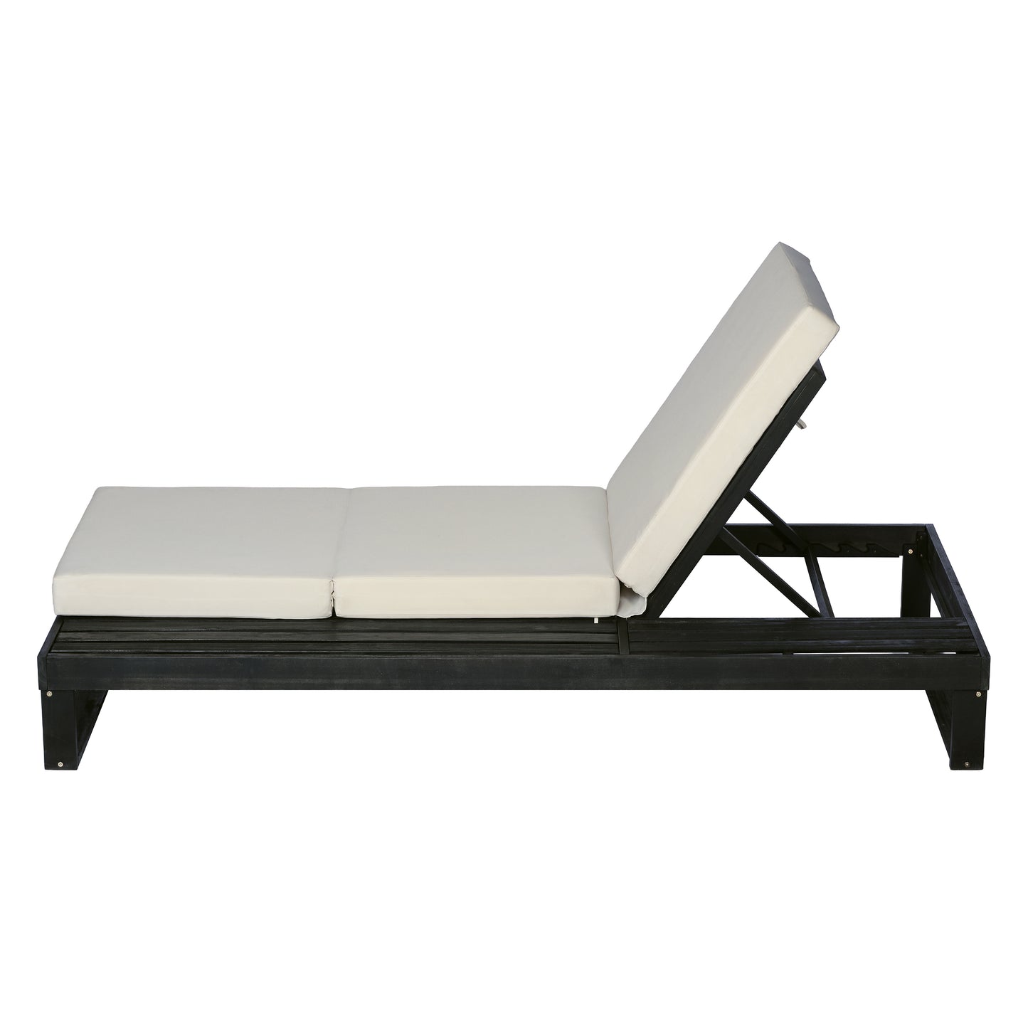 Black Acacia Wood Chaise Lounge with 4-Inch Cream 3-Fold Cushion Set, 4-Position Adjustable Outdoor Patio Lounger with Flat Side Surface, for Poolside-Matching dark grey version available