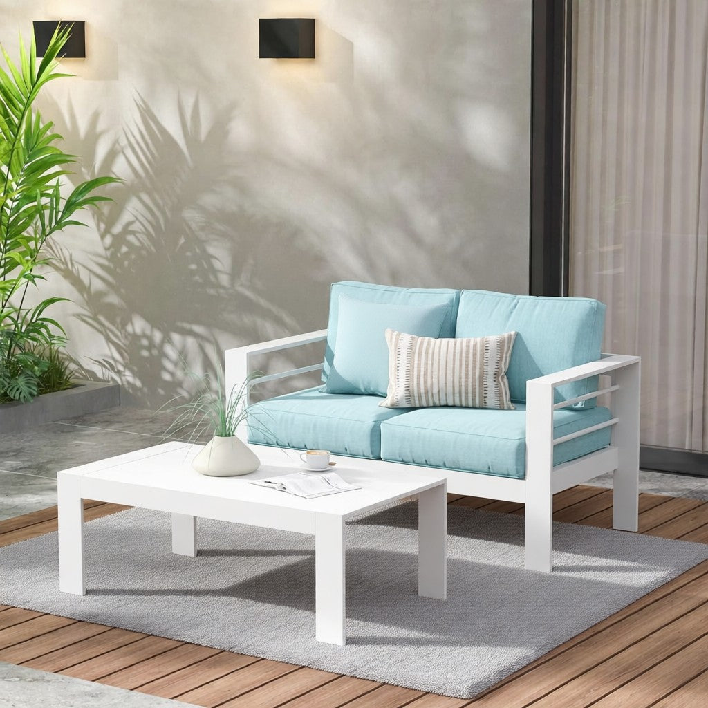 43" All-Weather Aluminum Patio Coffee Table, Modern White Rectangle Outdoor Table