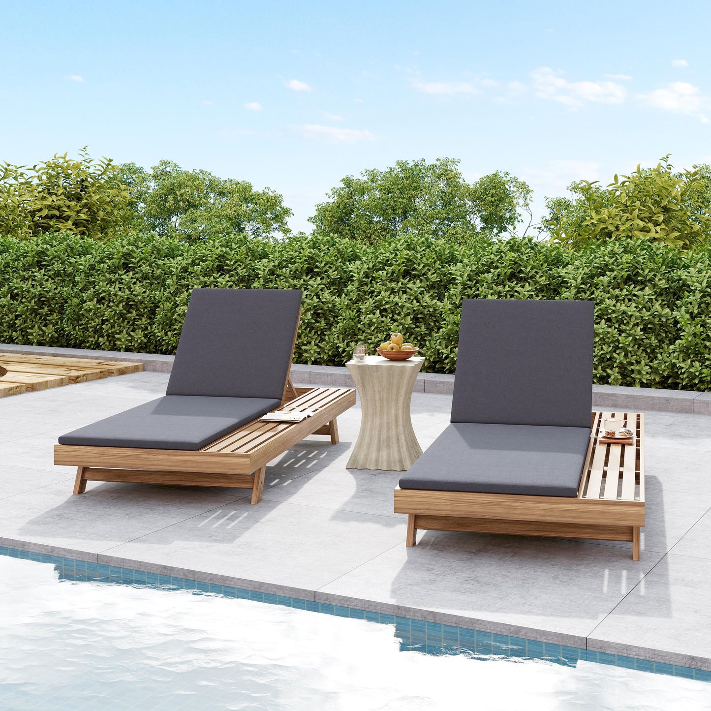Lounge Chaise Set, Space Available On One Side, Acacia Wood In light brown With Water-Resistant Lounge Cushions (Dark Grey & 2 Inch Thick) – Matching Cream/Leaf Coconut Version Available