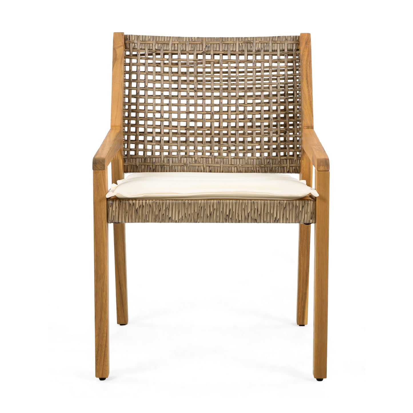 OUTDOOR DINING CHAIR SET-Acacia Wood and Wicker with Cream Cushion Patio Furniture-Teak finish & wicke Brown ,Suitable for large gatherings-set of 6(N770P272397G(3-box))