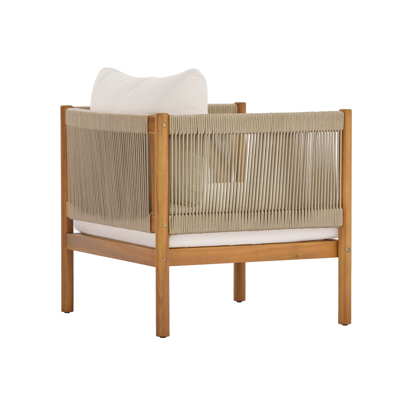 Outdoor Club Chair with Acacia Wood Frame in Teak Look, Beige Rope Panels and Cream Cushions