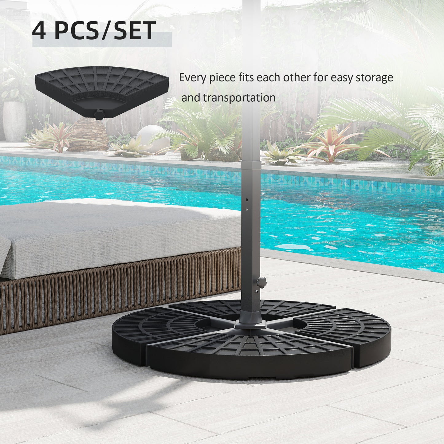 Outsunny 4 Pieces Round Patio Umbrella Base, Cantilever Offset Outdoor Umbrella Weights, 52 Liters Capacity Water or 112 lbs Capacity Sand Plates Set, Black