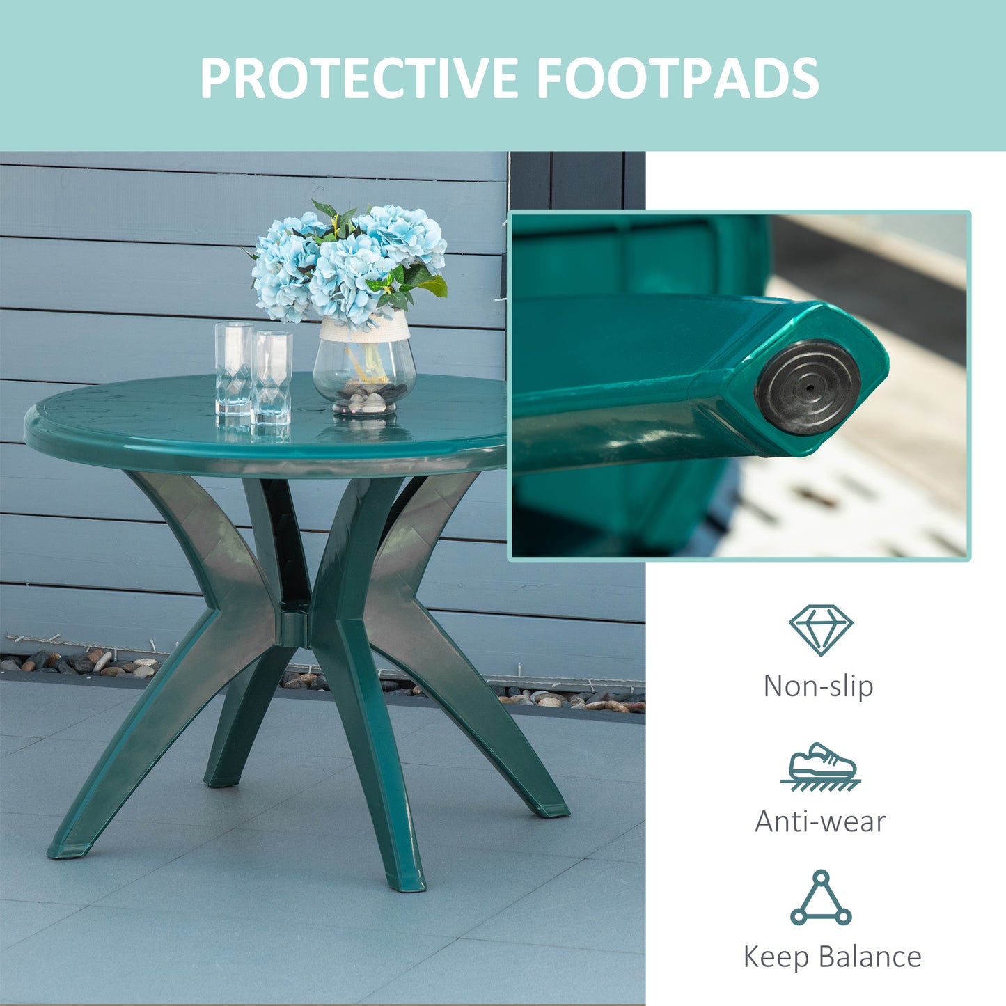 Outsunny 36.25" Dia Round Plastic Patio Table with Umbrella Hole, Outdoor Bistro Dining Table, for Bar, Garden, Backyard, Poolside, Yard, Green