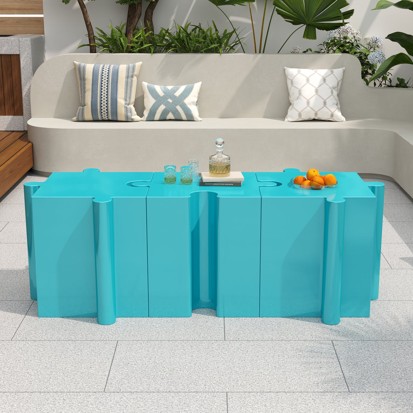 Puzzle Art Side Table, Modular Convex Edge MGO Table - Buy Singles or Combine for Custom Layouts,  Indoor & Outdoor,Light Blue Color