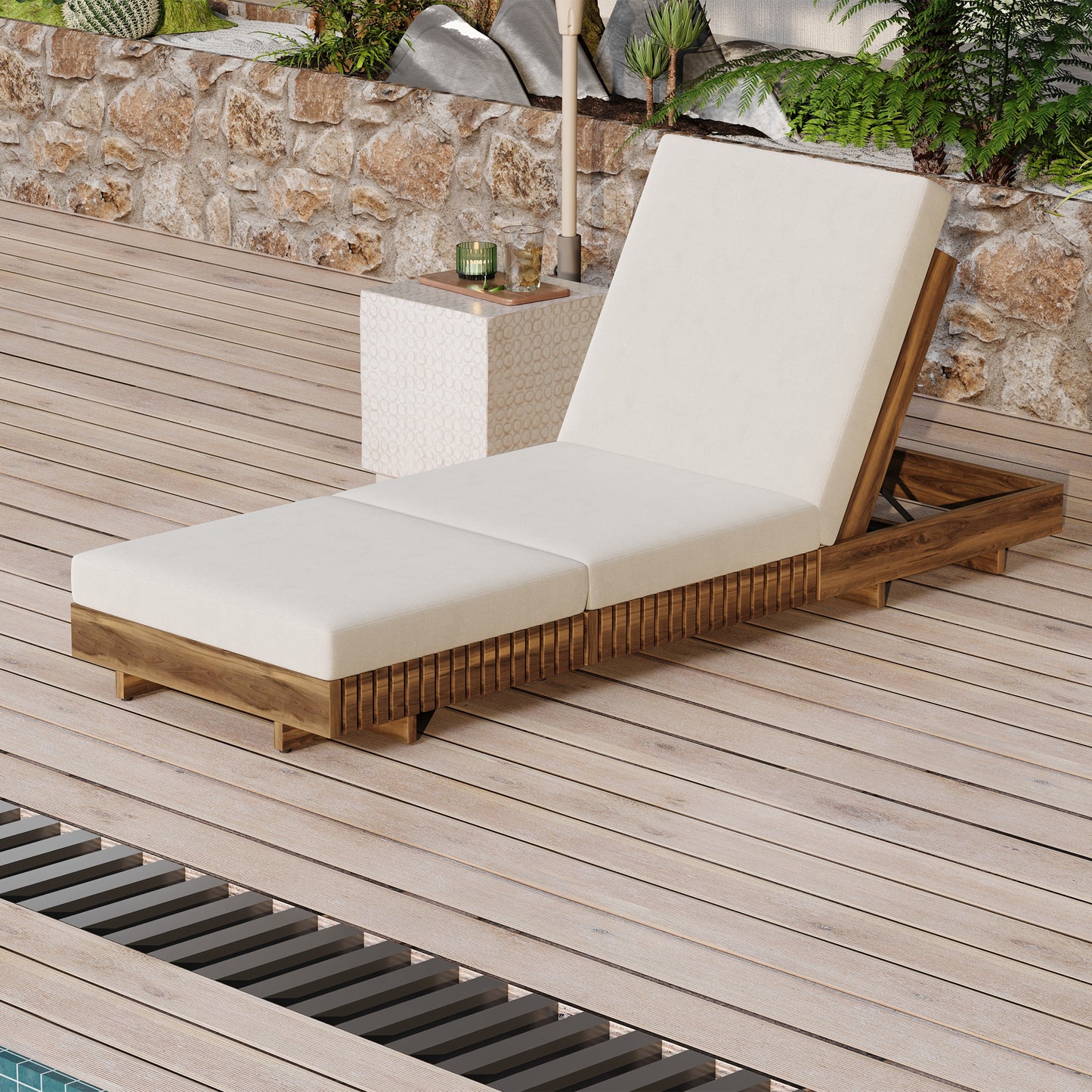 Lounge chaise Set, Acacia solid wood with  LOUNGE CUSHION (Cream+TRIPLE FOLDS) - Matching Dark Grey Version Available