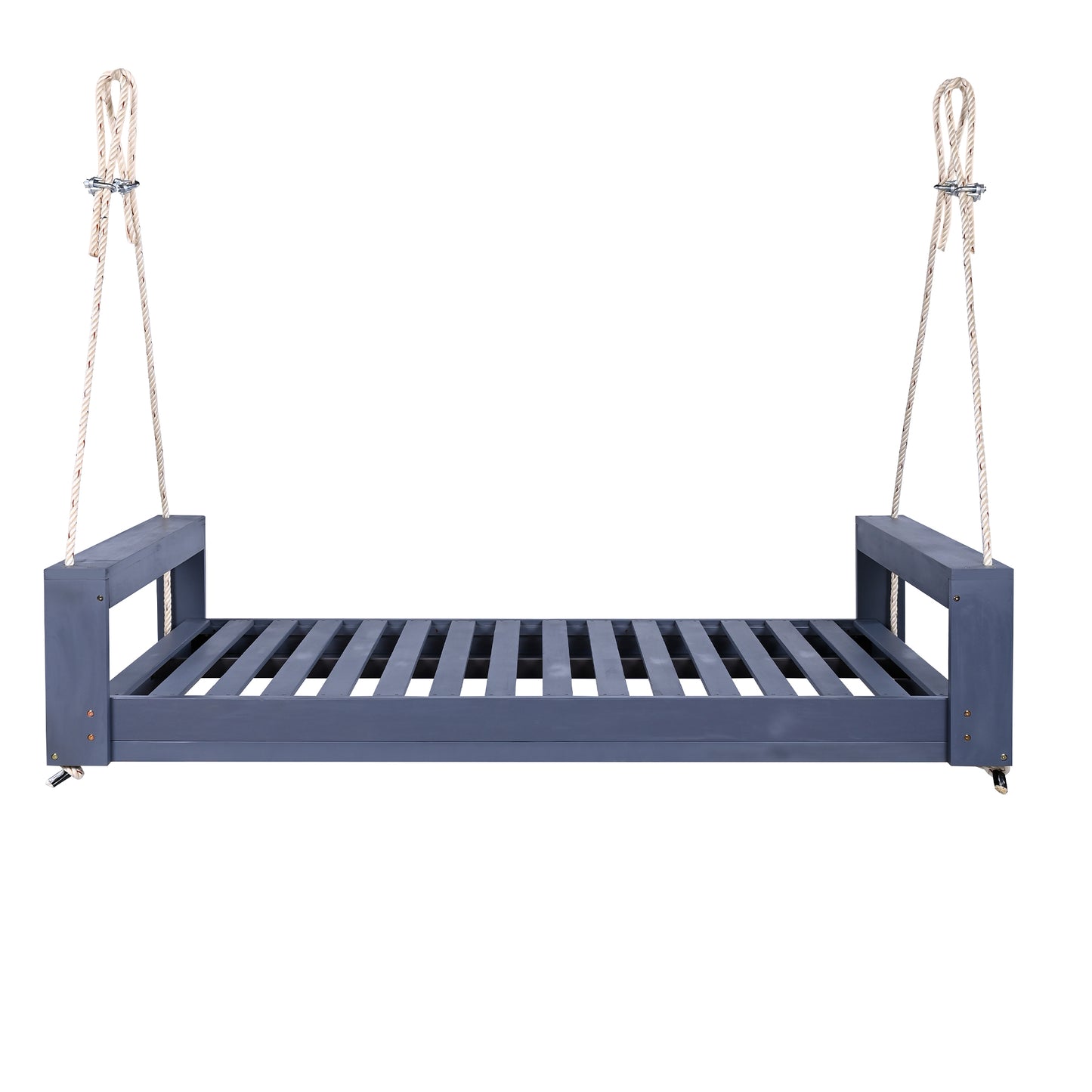 TOPMAX Twin Size Porch Swing Bed Seating Group, Patio Acacia Wood Swing Frame with Hemp Ropes for Garden, Backyard, Gray
