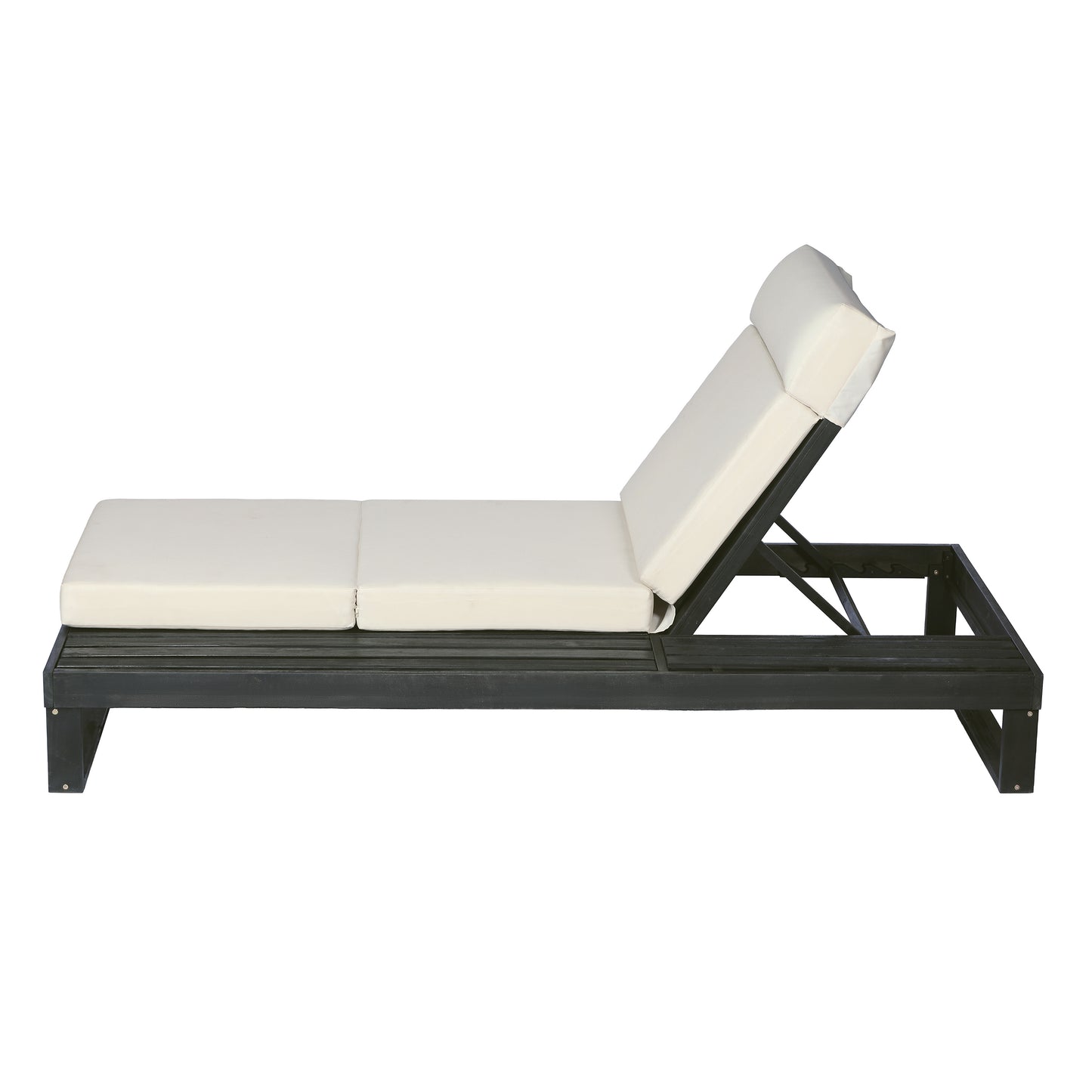 Black Acacia Wood Chaise Lounge with 4-Inch Beige 4-Fold Cushion Set, Adjustable Outdoor Patio Lounger with Flat Side Surface, for Poolside- Matching cream,dark gray version available