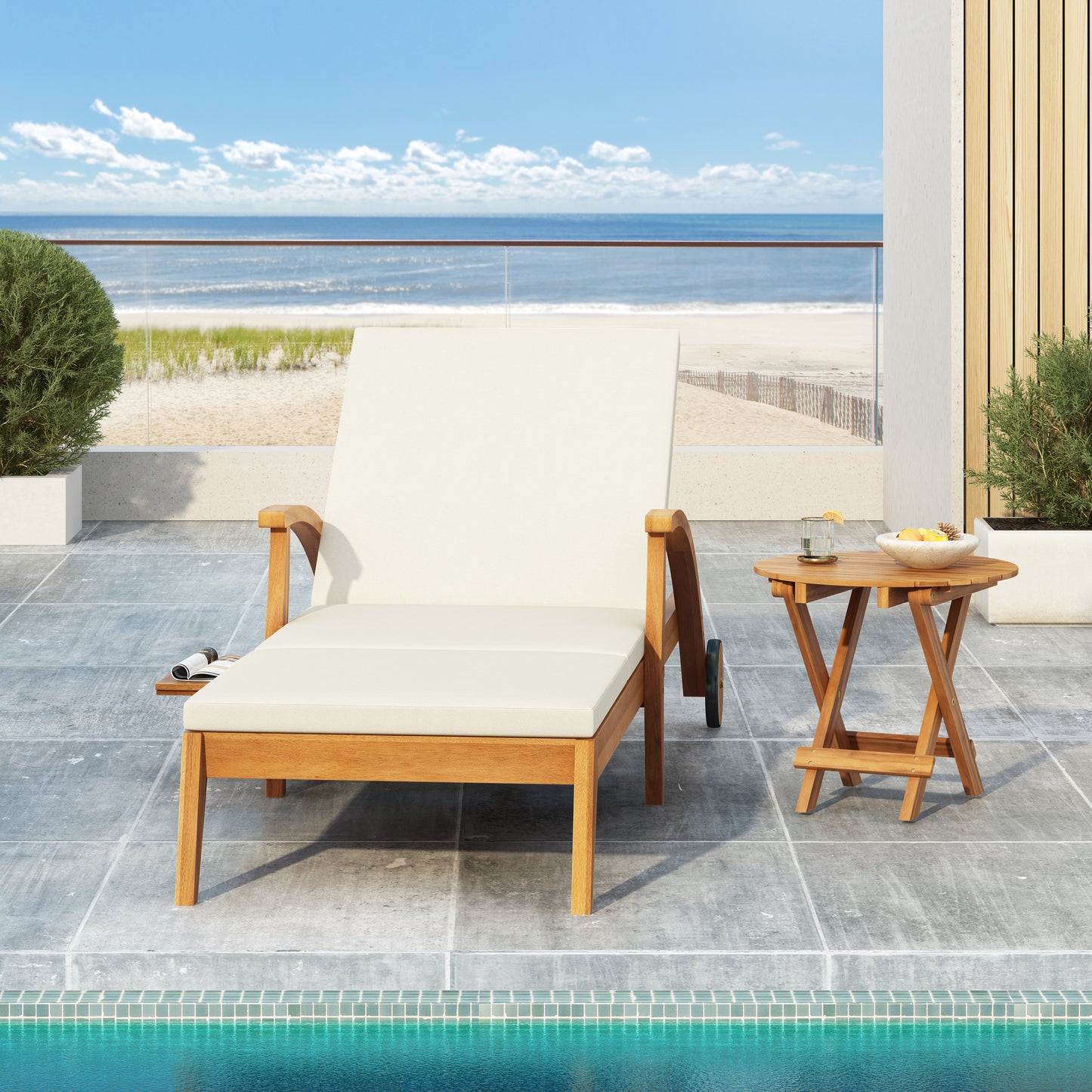 CHAISE LOUNGE WITH WHEEL - ACACIA WOOD RECLINER FOR PATIO/GARDEN, WITH 2INCH WHITE CUSHION, 4-POSITION ADJUSTABLE BACKREST, VERSATILE OUTDOOR FURNITURE