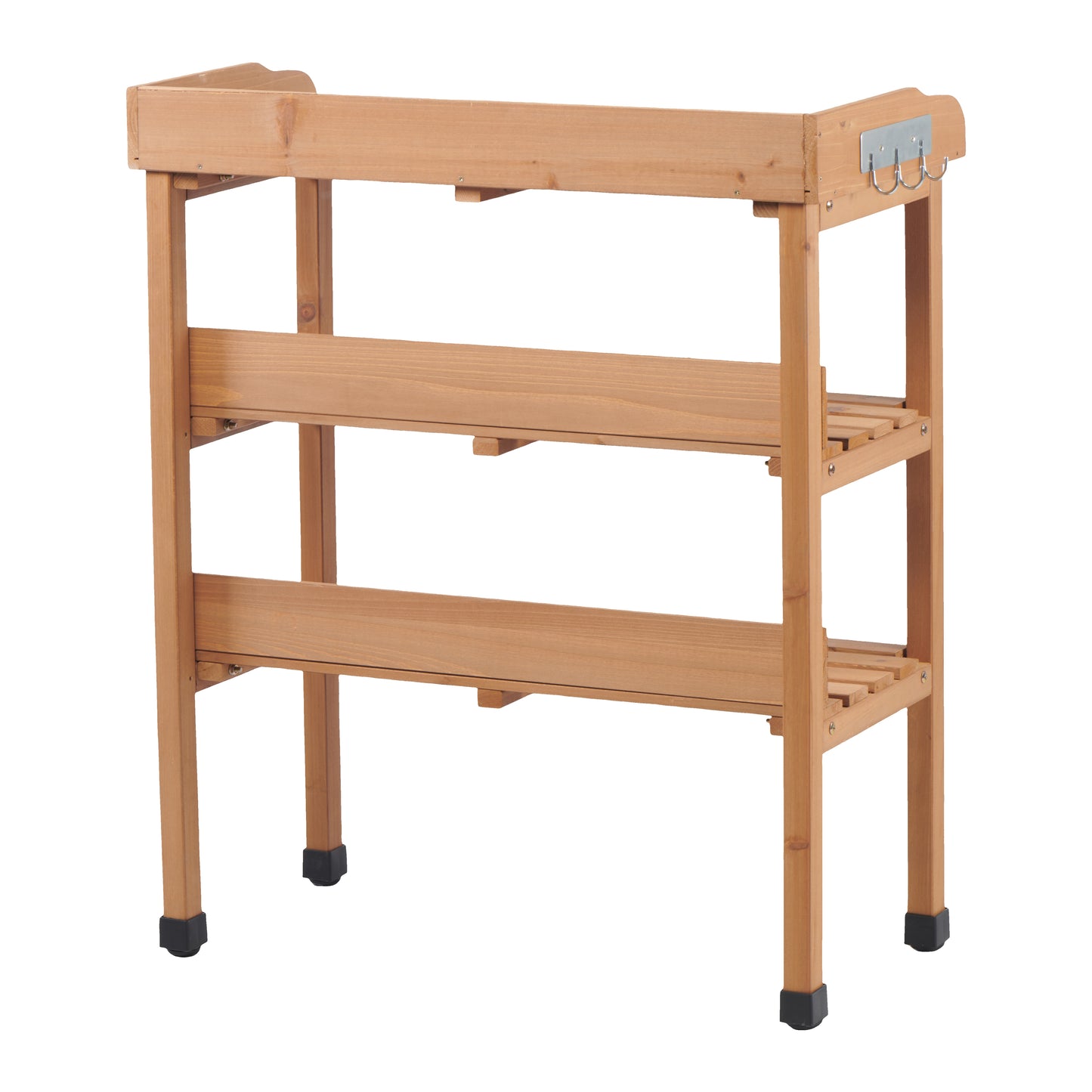 30″x14.5″×35.5″ Potting Table w/Metal Tabletop, 3 Layers Outdoor Work Bench w/Hook for Garden, Solid Wood Workstation for Garage
