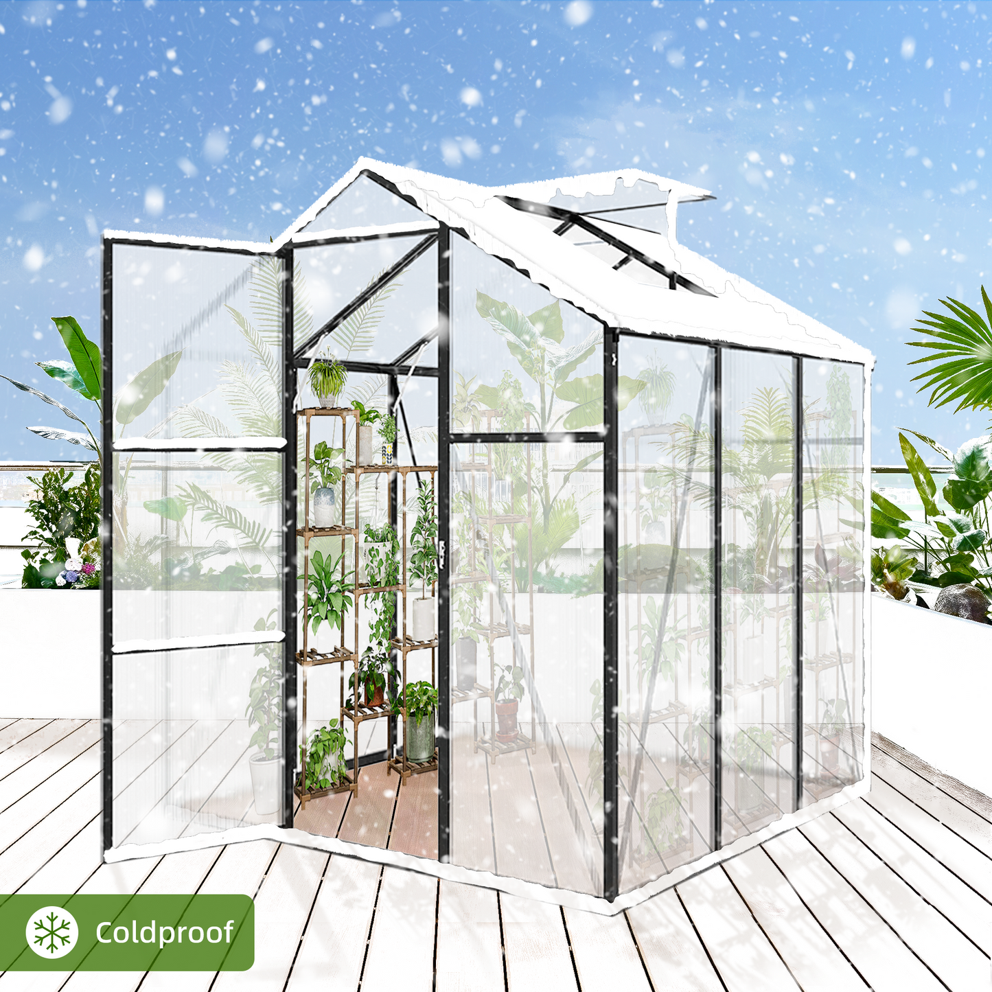 6x6FT Walk-in Outdoor Greenhouse - Polycarbonate Garden Greenhouse with Sturdy Aluminum Frame, Adjustable Vents, Lockable Door & UV Protection for Backyard
