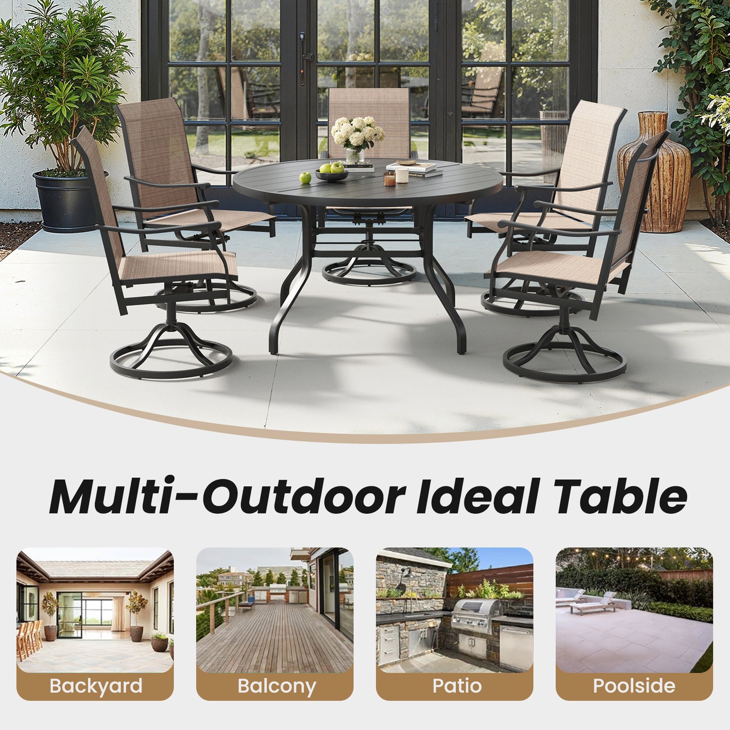 Round Outdoor Patio Dining Table, 47" Round Patio Table Wood-Like Grain with 1.57" Umbrella Hole, Metal Outdoor Dining Tables for Backyard and Poolside