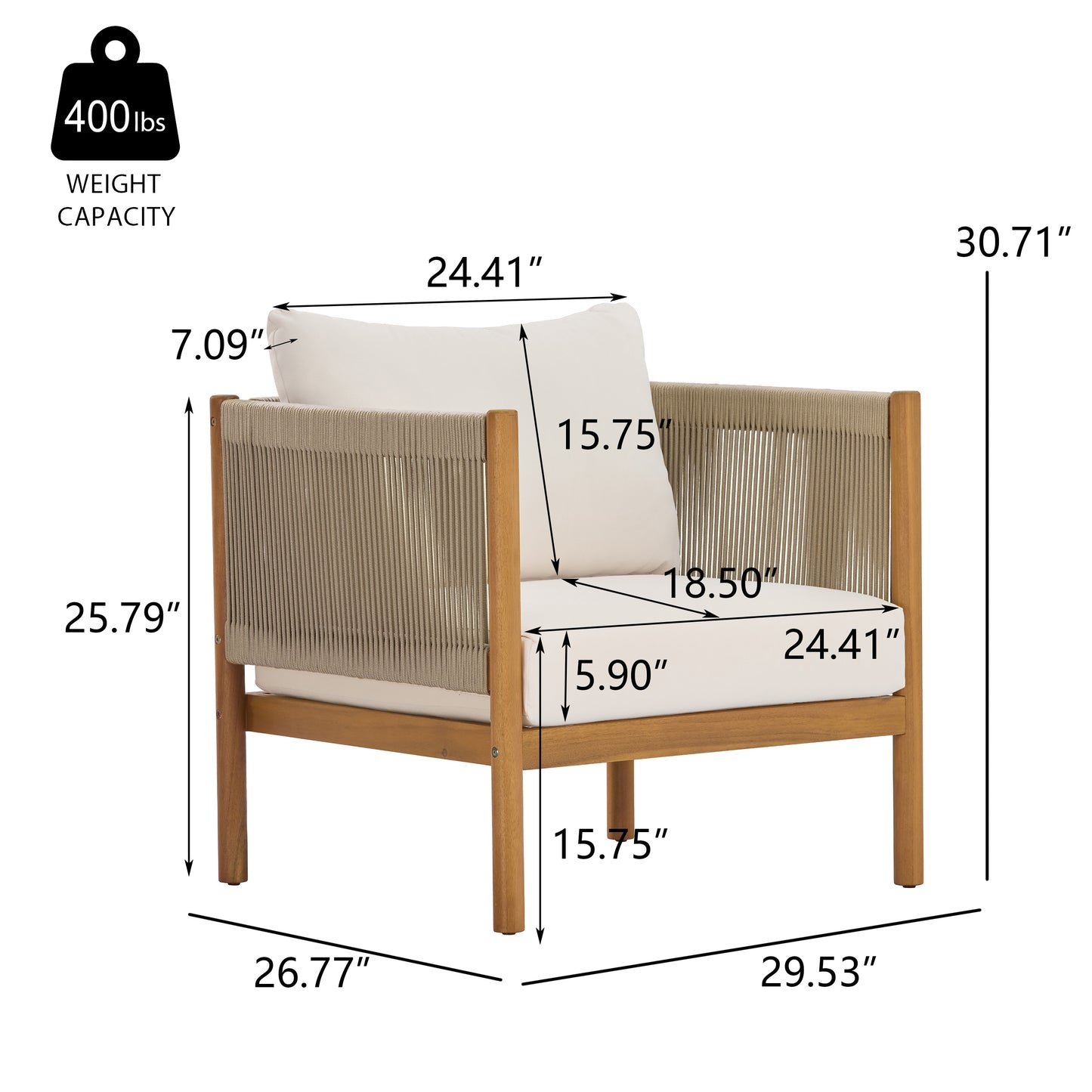 Outdoor Club Chair with Acacia Wood Frame in Teak Look, Beige Rope Panels and Cream Cushions