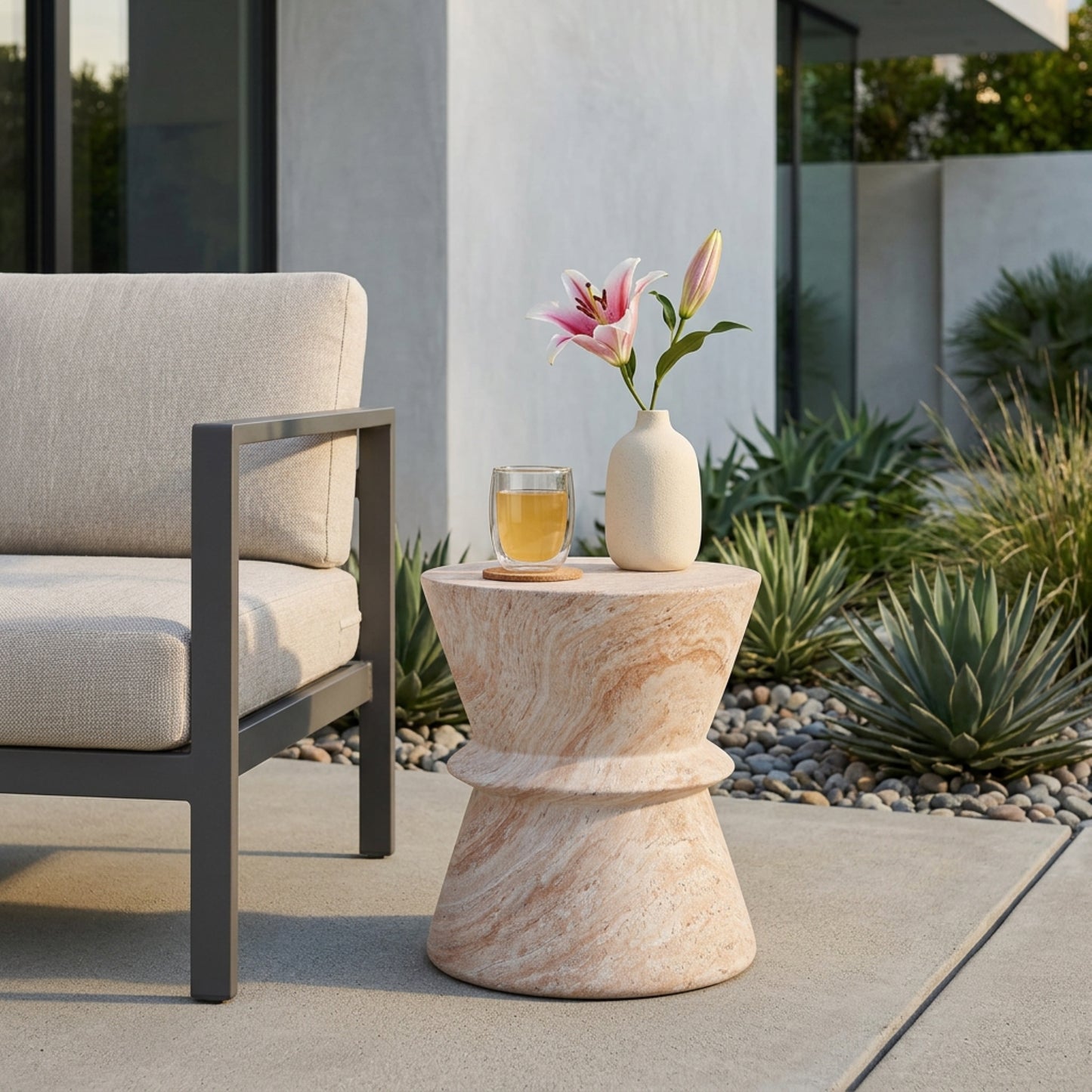 Outdoor/Indoor Lightweight Concrete Side Table,Travertine Finish