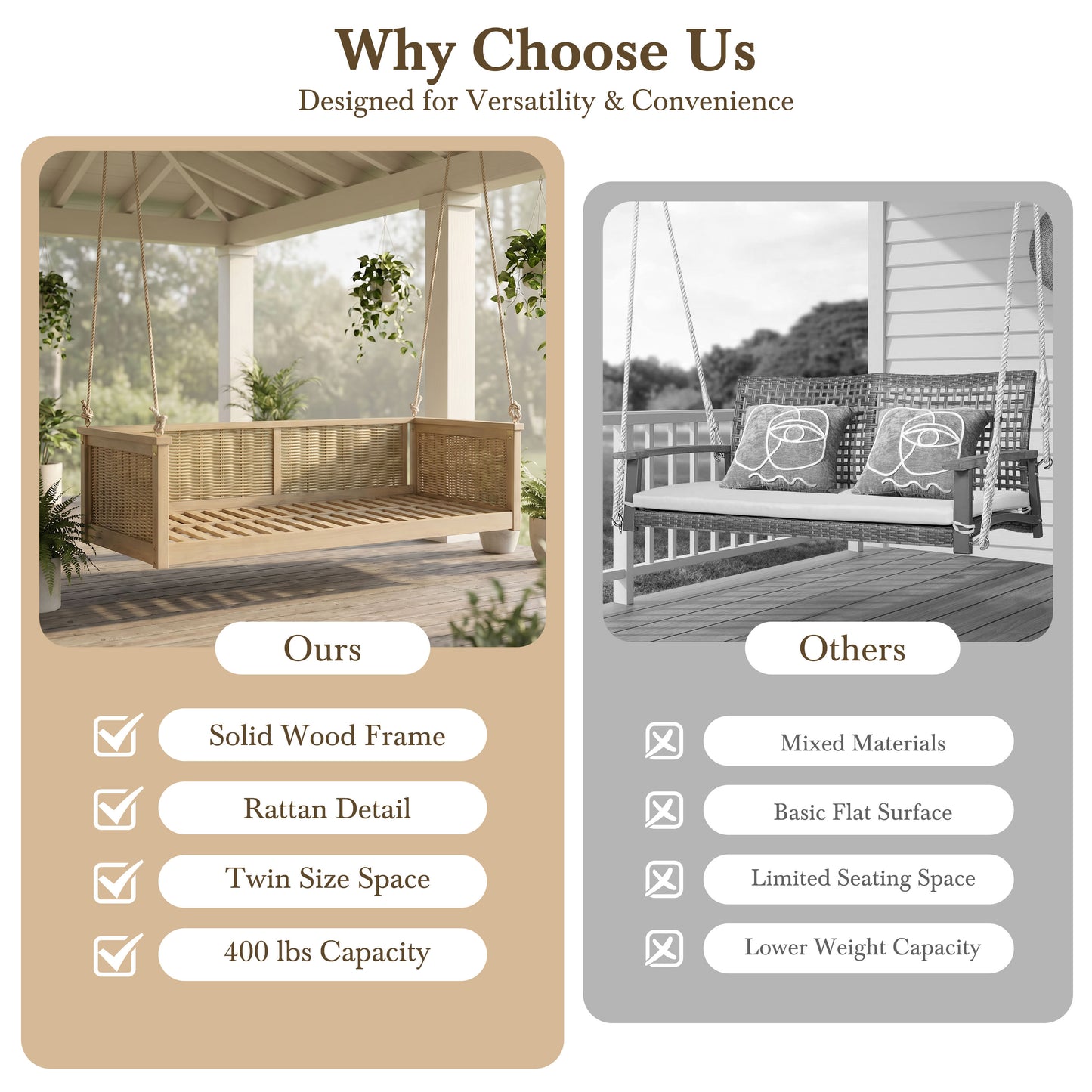 TOPMAX Outdoor Classic Solid Wood Twin Size Swing Bed,Garden Porch Rattan Swing Frame with Long Ropes for Poolside, Backyard, LIGHT TEAK