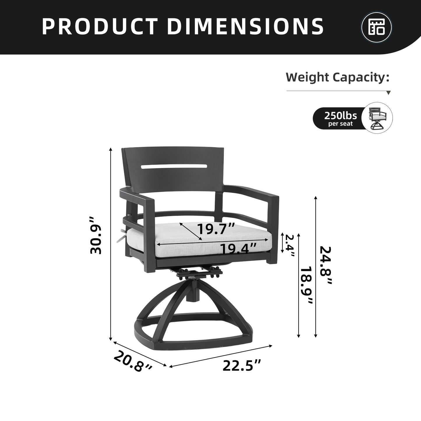 Outdoor Patio Aluminum Swivel Rocker 2PCS with Outdoor-grade Sunbrella Fabric Cushions, Ember Black