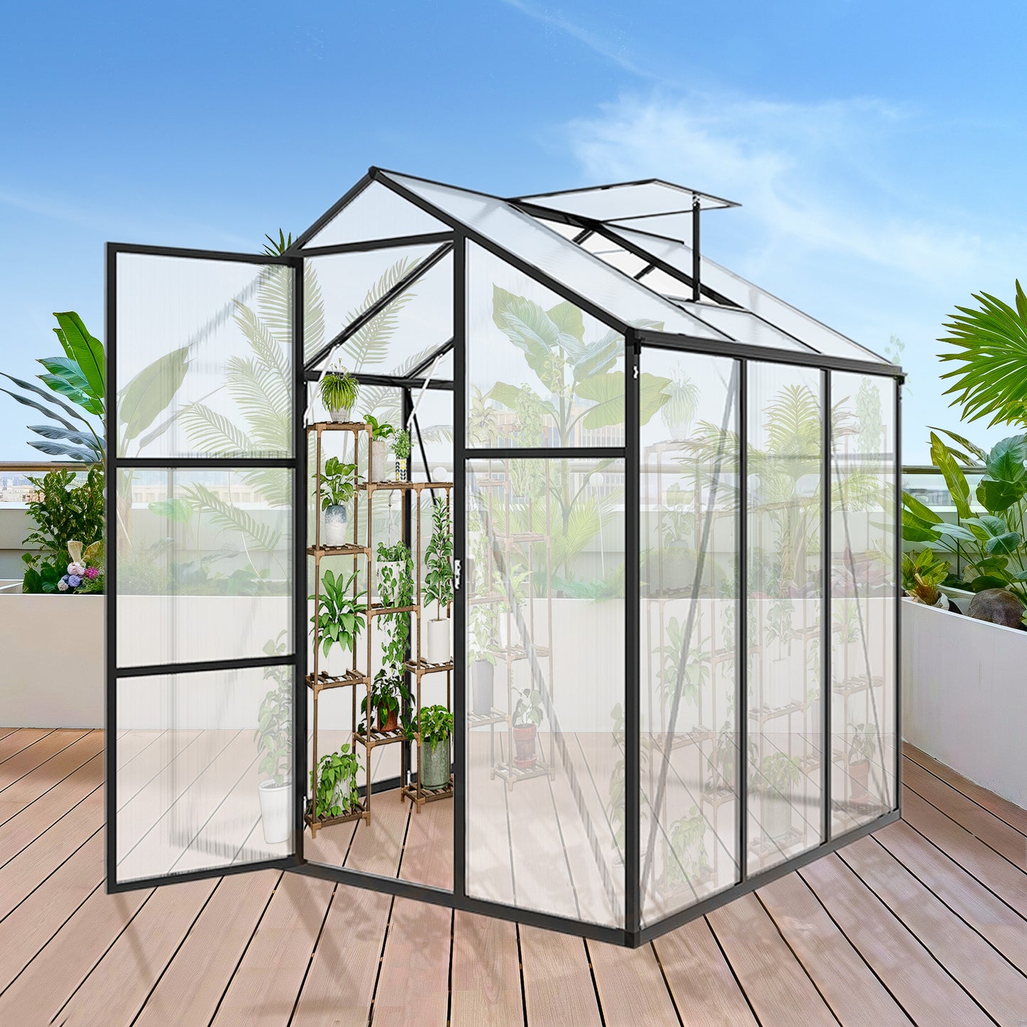 6x6FT Walk-in Outdoor Greenhouse - Polycarbonate Garden Greenhouse with Sturdy Aluminum Frame, Adjustable Vents, Lockable Door & UV Protection for Backyard