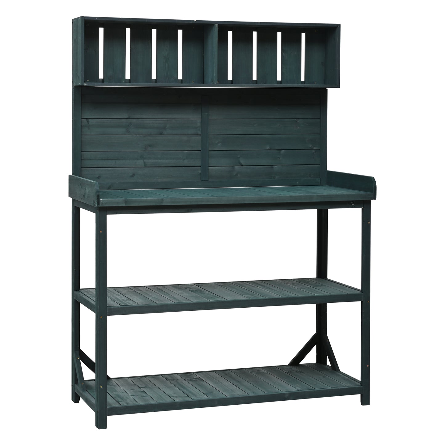 TOPMAX 65" Large Wooden Farmhouse Rustic Outdoor Potting Bench Table, Patio Workstation, Garden Potting Bench with 4 Storage Shelves and Side Hook, Forest Green