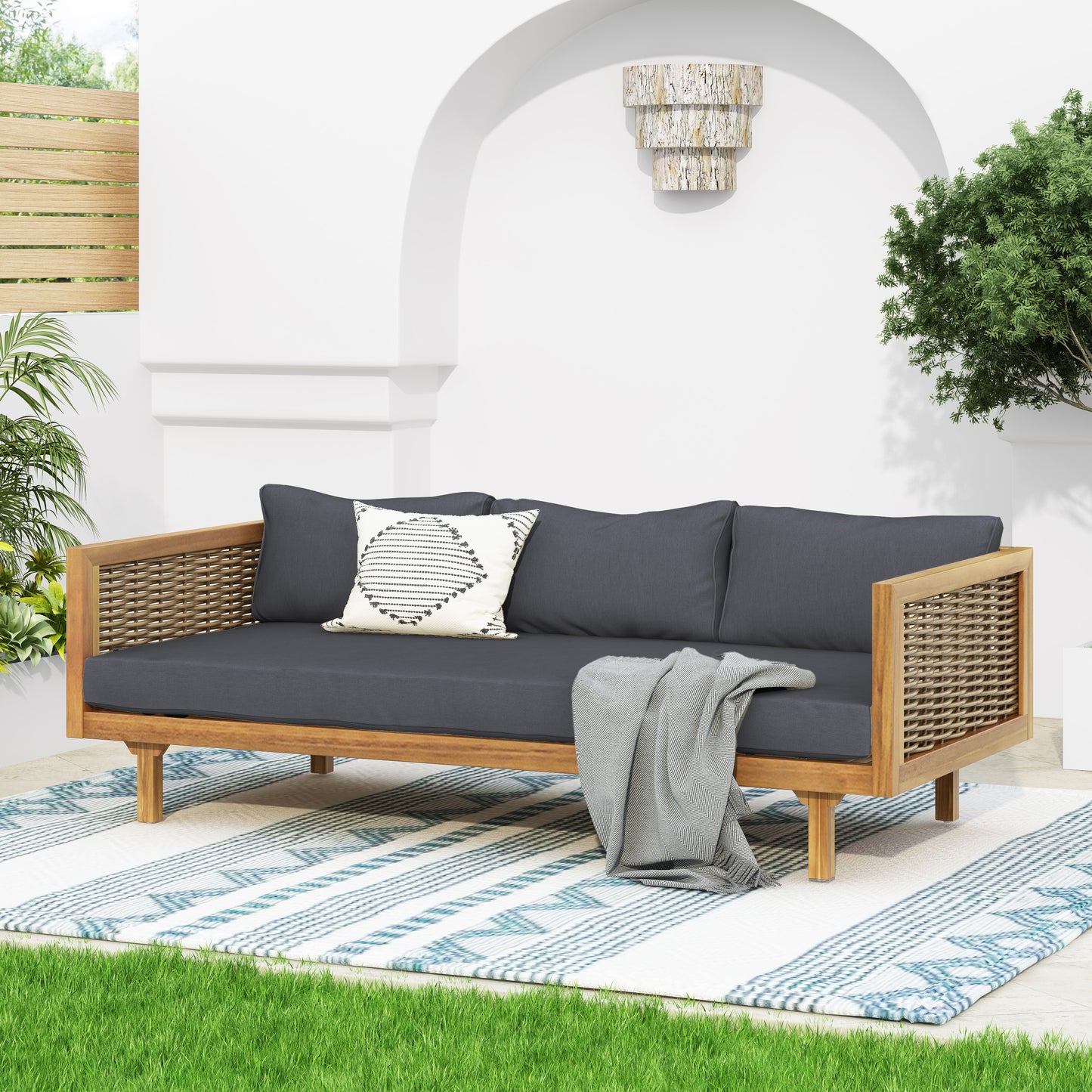 CLAREMONT 3 SEATER DAYBED WITH RATTAN ARMS (DARK GREY CUSHION)