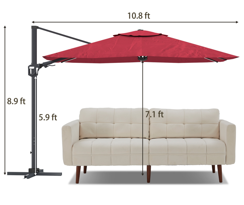 11FT Square Cantilever Patio Umbrella with LED Light in Red (without Umbrella Base)