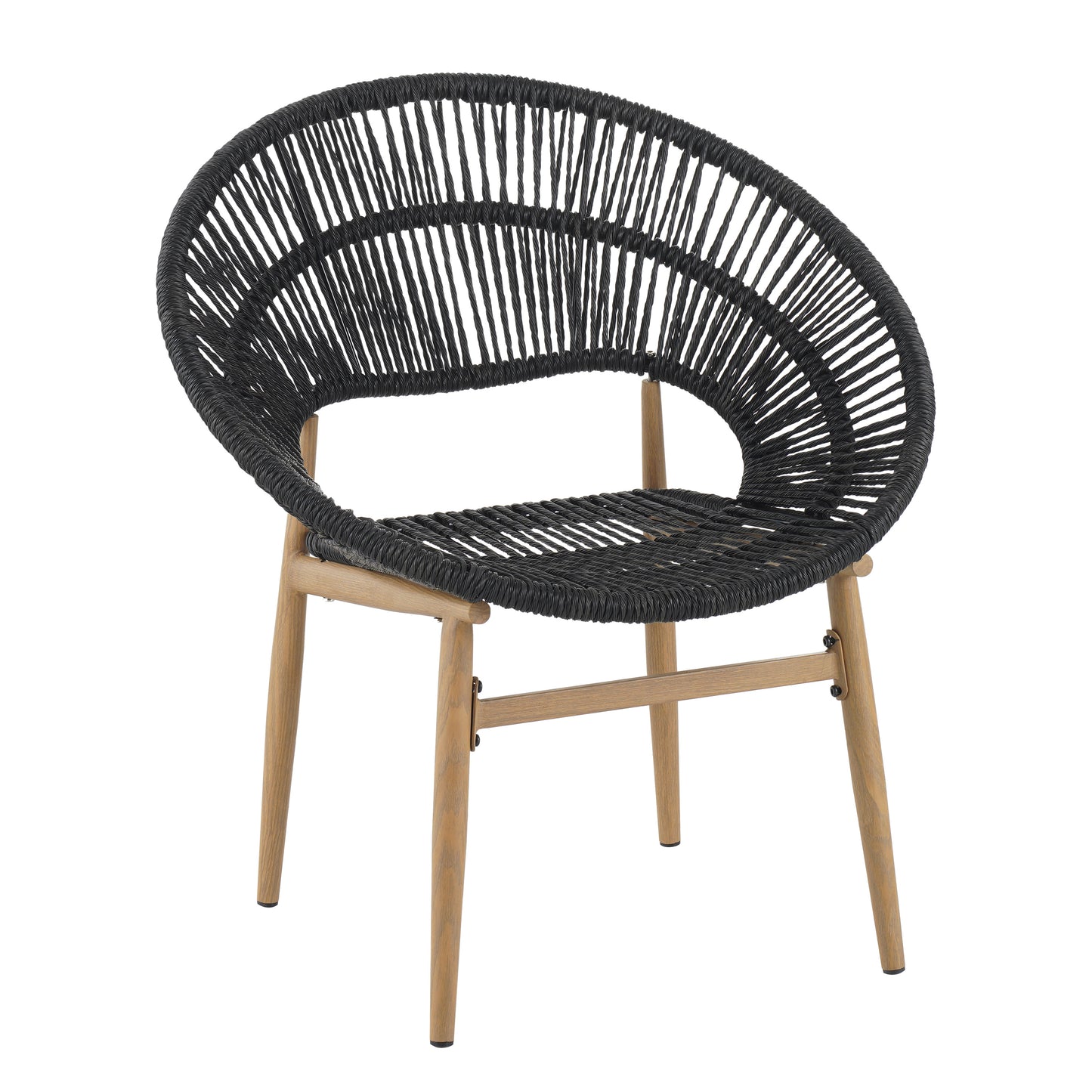 Cyril Outdoor Wicker Papasan Style Dining Chair, Teak Finished Leg and Dark Gray Faux Rattan, Gray Cushion, Set of 2